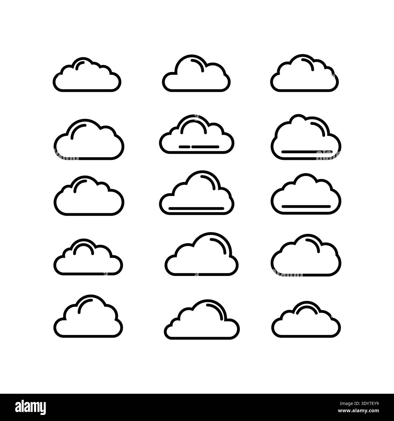 Minimal cloud icon set featuring multiple outline variations in clean monoline style. Designed for cloud computing, storage services, weather apps, Sa Stock Vector