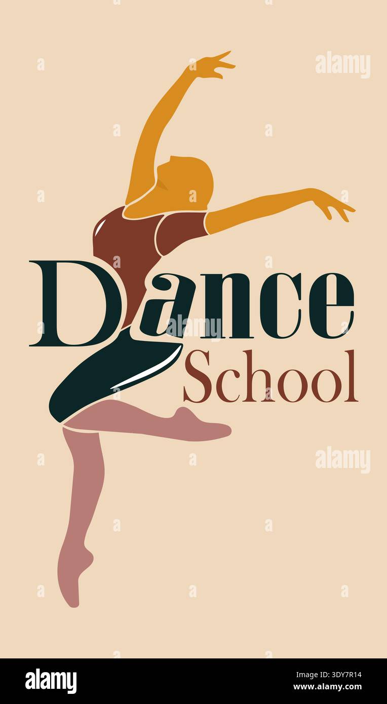Vector dance school logo featuring elegant female dancer silhouette representing ballet choreography dance studio education and performing arts. Stock Vector