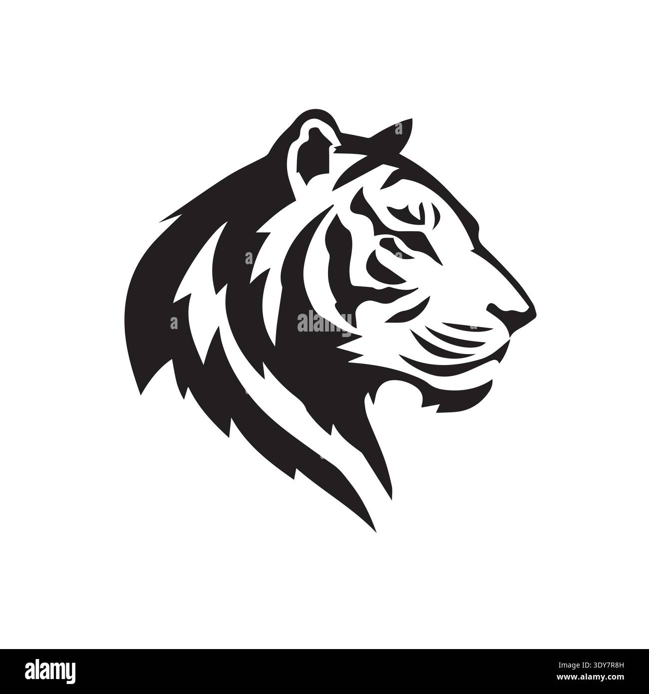 Stylized tiger head profile with bold stripes and mane. Stock Vector