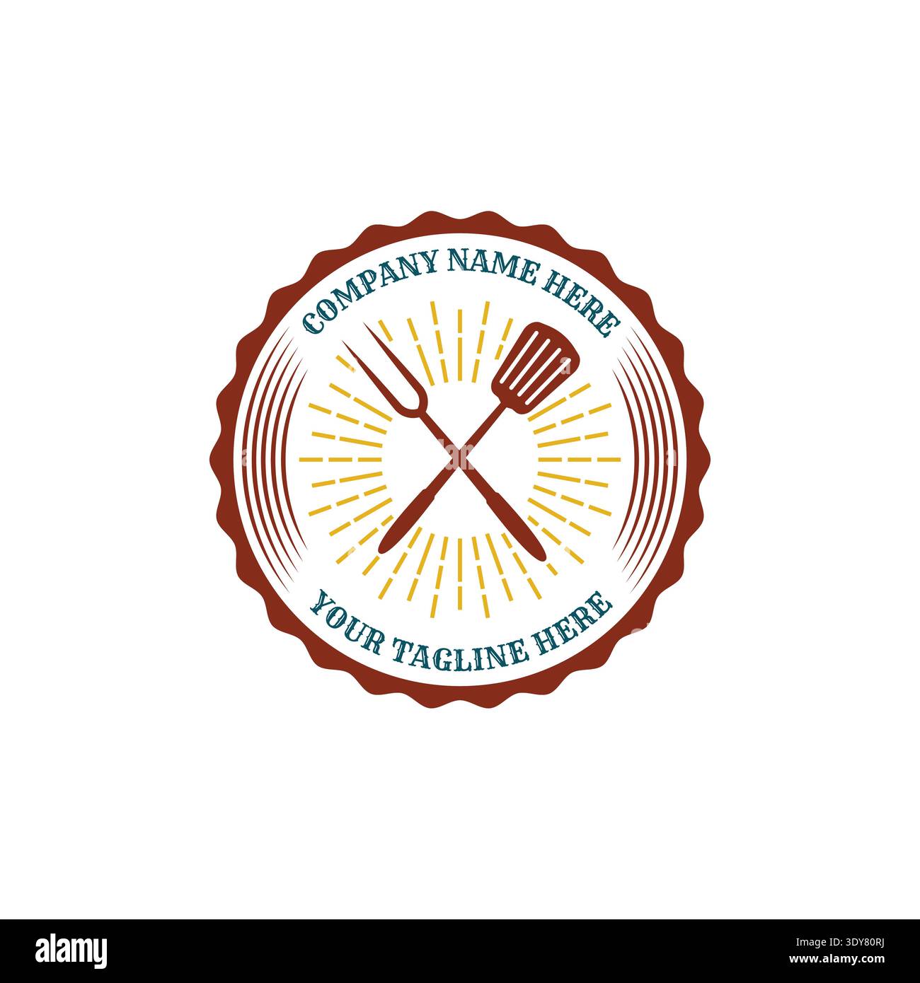 Classic Retro Emblem Featuring Crossed Spatula And Grill Fork With Sunburst For Barbecue Identity Stock Vector