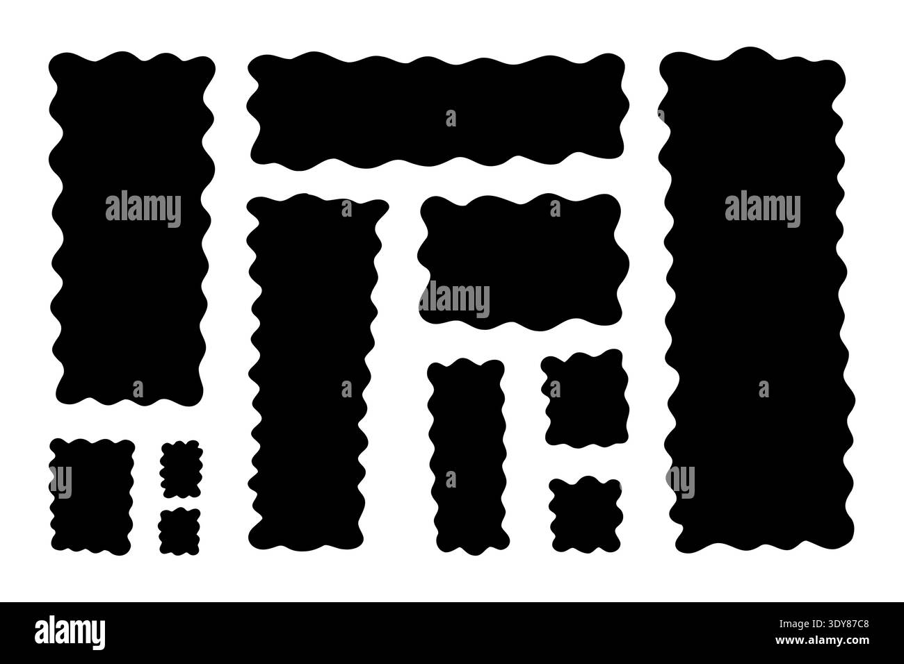 Organic wavy rectangle set. Black abstract geometric frames on white background. Doodle hand-drawn elements with irregular edges. Rectangular borders perfect for text boxes, speech bubbles Stock Vector