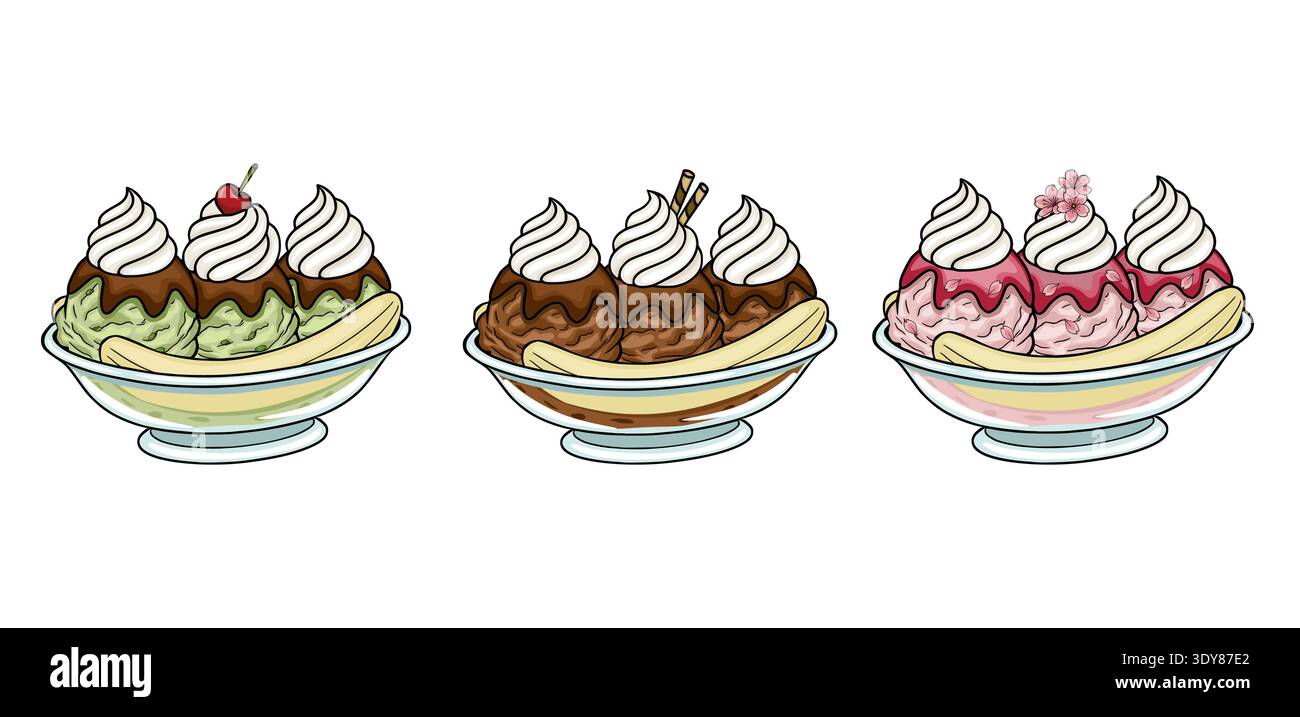 Set of three delicious banana split ice cream sundaes vector ...