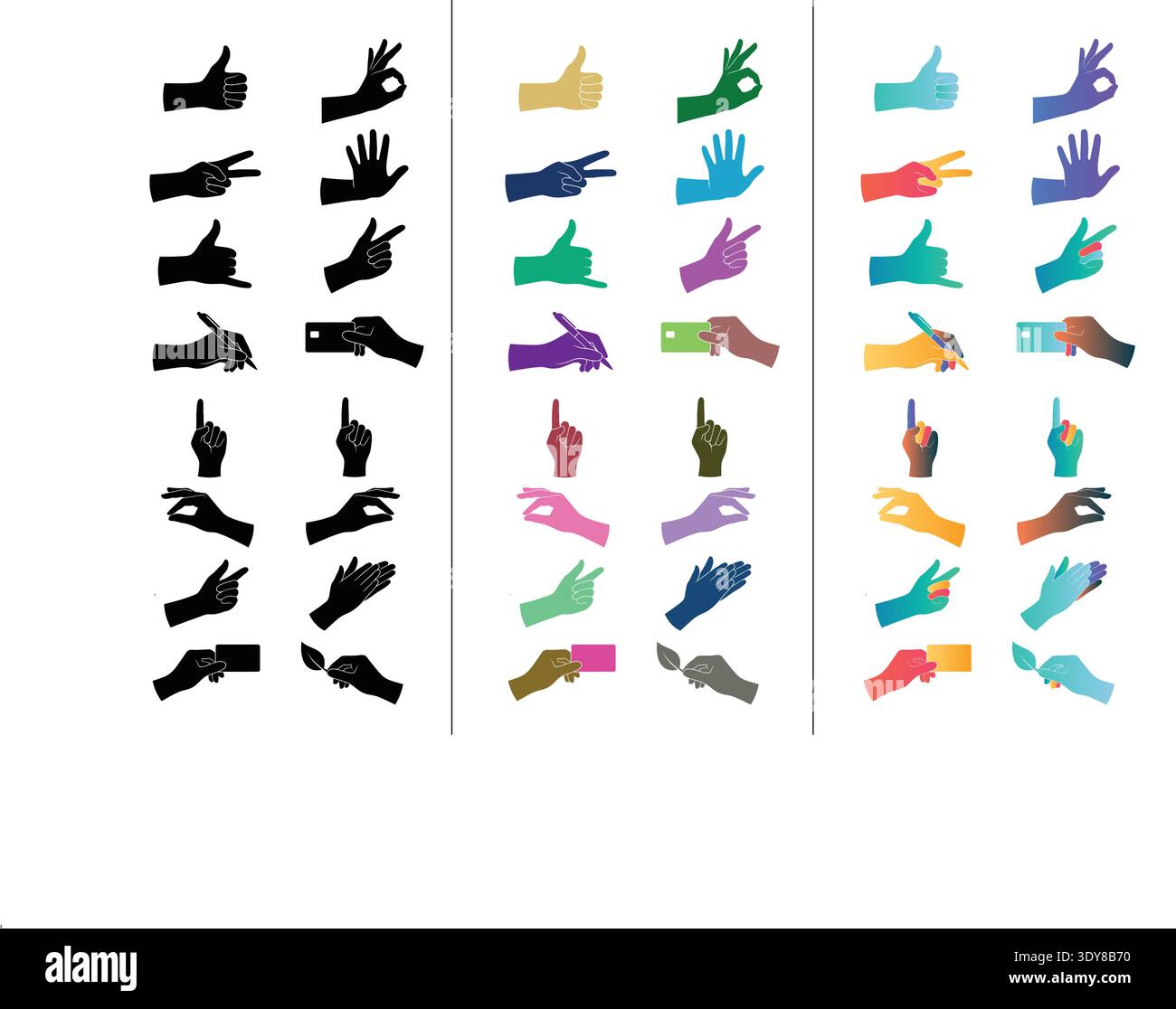 This graphic set displays hand gestures in black, solid colors, and vibrant gradients. It includes finger signs like peace, thumbs up, and pointing Stock Vector