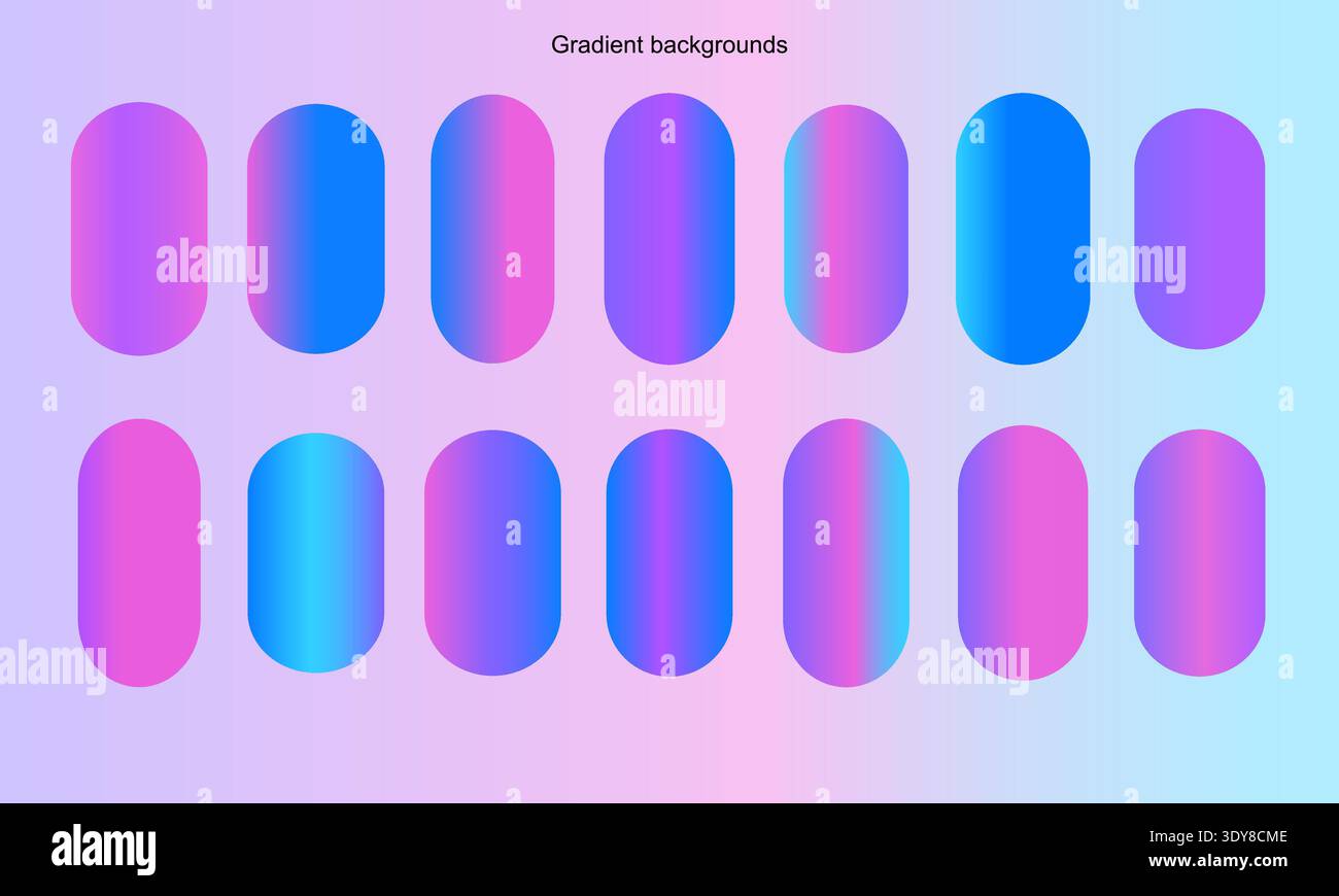 A collection of pillshaped buttons displaying soft pink and blue gradients. This set offers a clean, modern aesthetic for mobile apps and website inte Stock Vector
