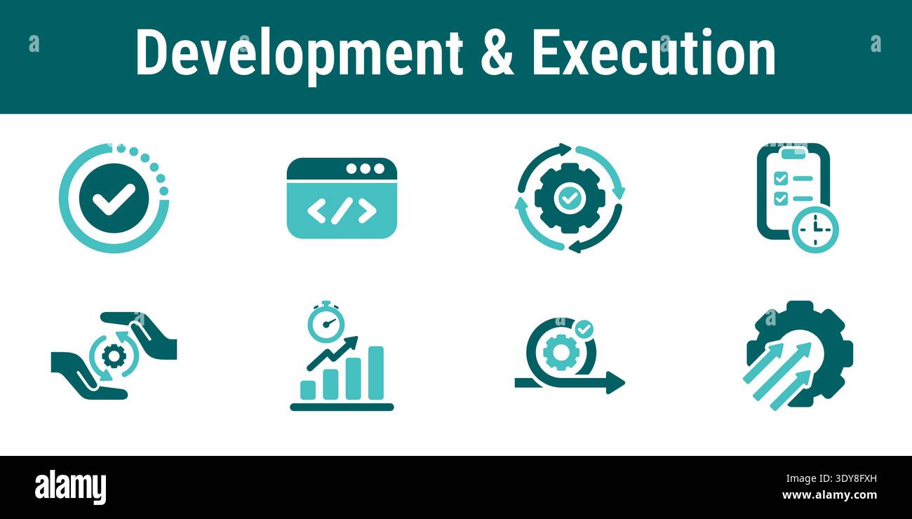 Icons illustrating task execution active development progress tracking coding and workflow activity Stock Vector