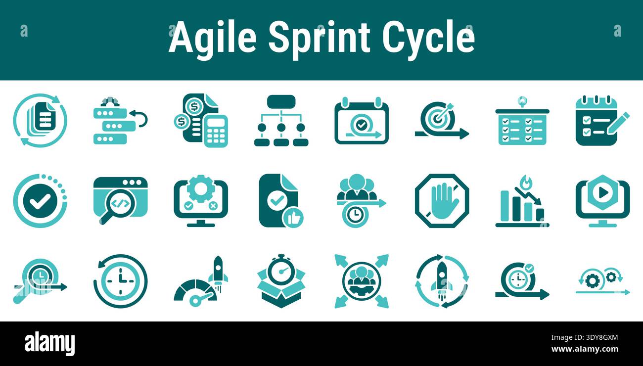 Agile sprint cycle icon set showing planning backlog tasks development testing review release and team collaboration workflow Stock Vector