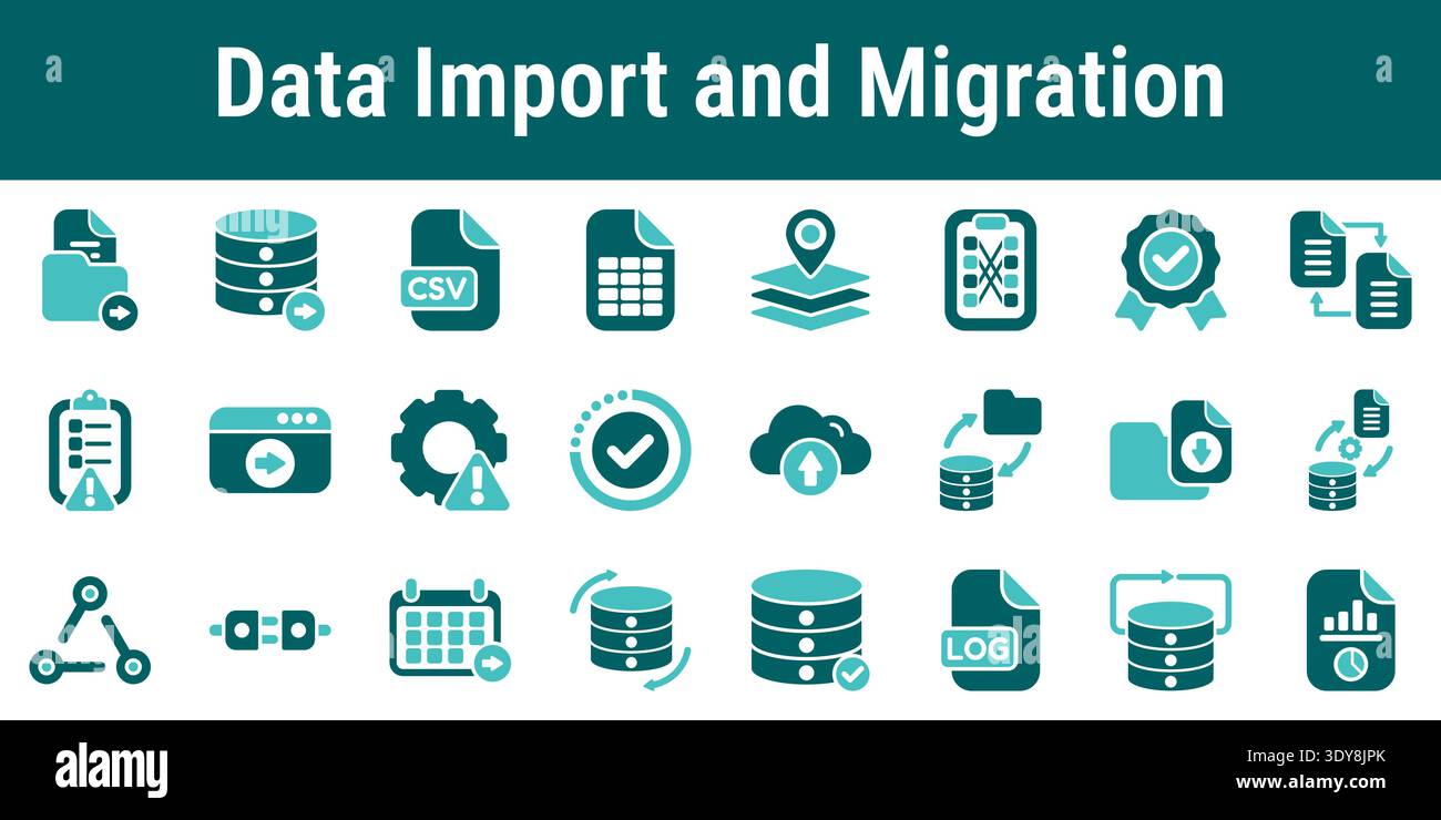 Icon set illustrating data import migration synchronization validation backup database transfer and system integration processes Stock Vector