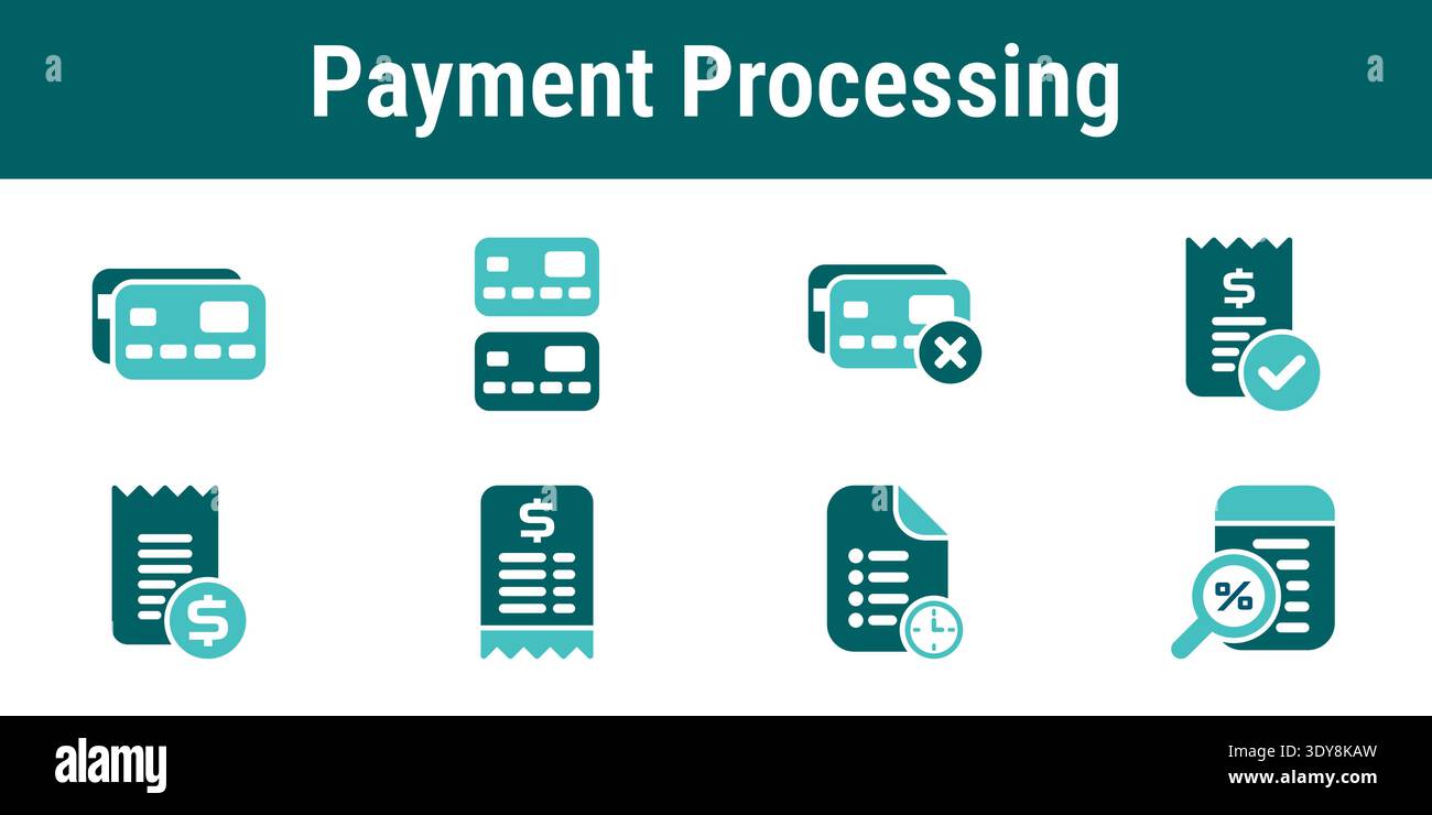 Icon set representing payment processing transactions billing invoices ...