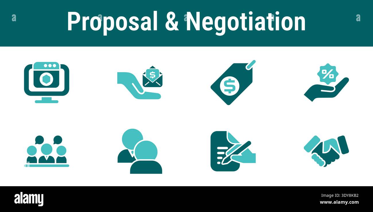 Proposal and negotiation icons representing demo presentation offer ...