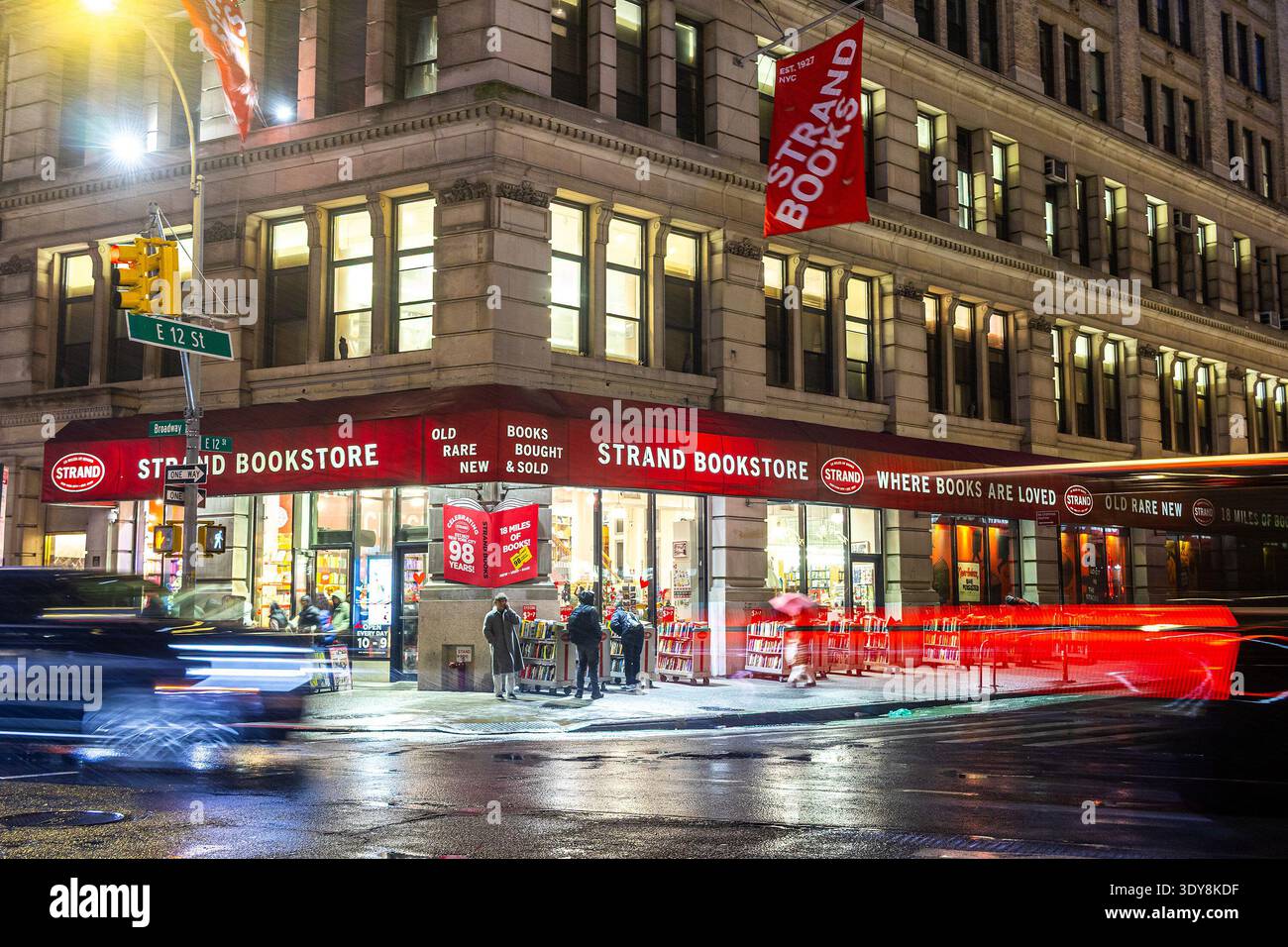 Strand Bookstore, New York City, historic book store in Manhattan founded 1927, exterior view at night Stock Photo