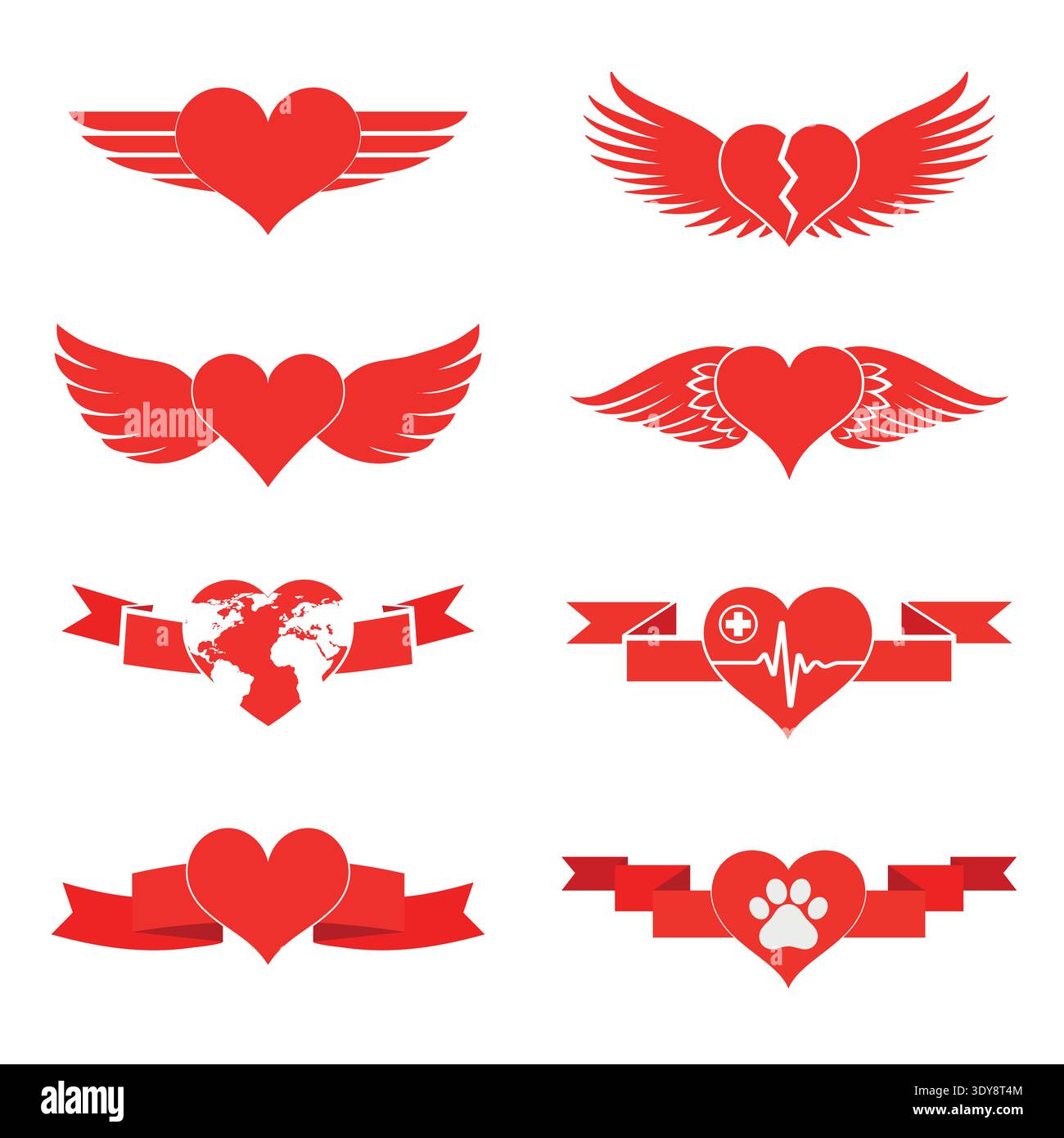 Illustration of a set of red hearts with wings and ribbons on a white ...