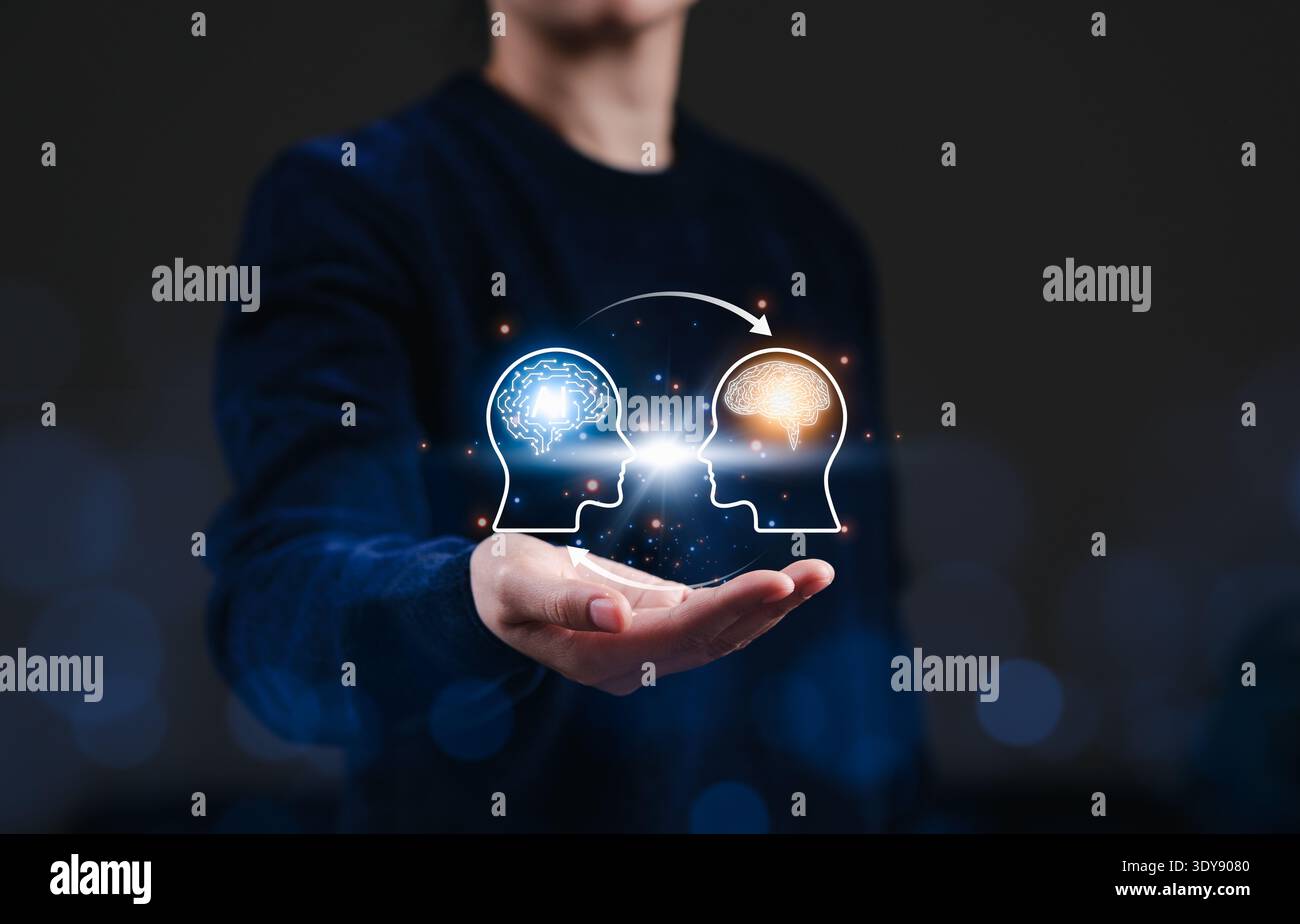 Human and artificial intelligence collaboration concept. Person presenting digital AI brain interface showing knowledge exchange, machine learning Stock Photo