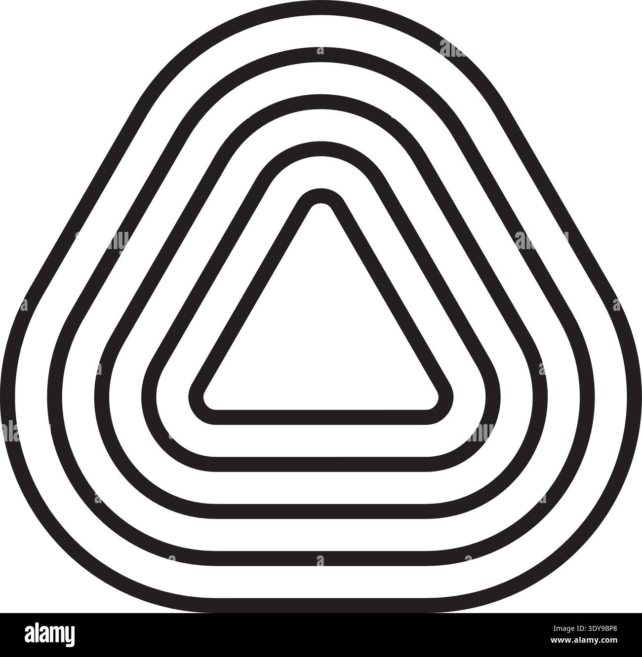 Triangle with softened corners, formed by five layered concentric and parallel line outlines. Stock Vector