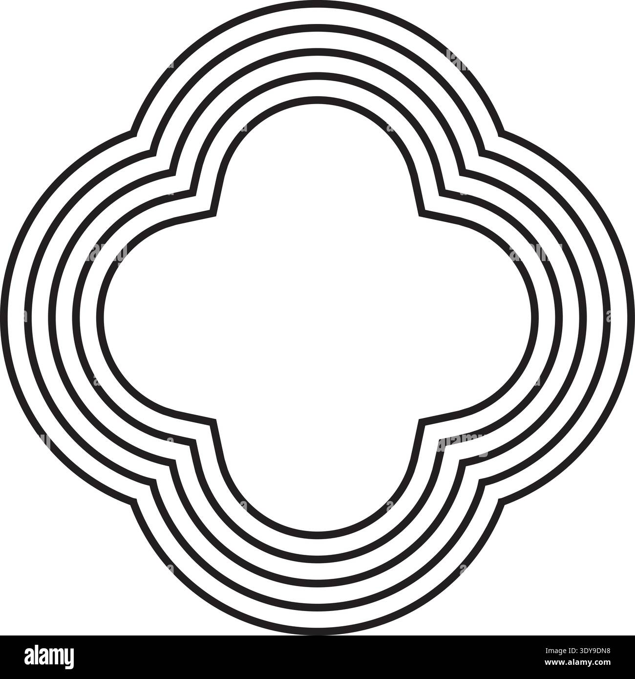 Four-pointed star with curved tips outlined by five concentric and parallel line contours. Stock Vector