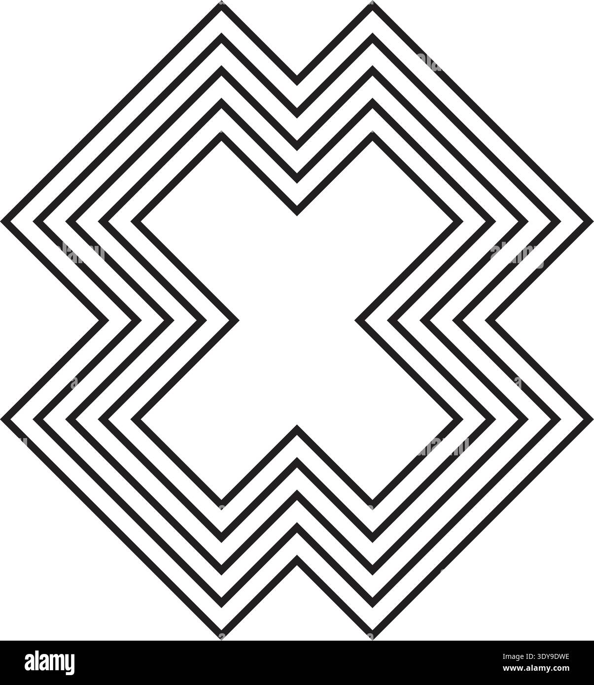 X-shaped geometric figure outlined with five concentric and parallel lines forming intersecting paths. Stock Vector