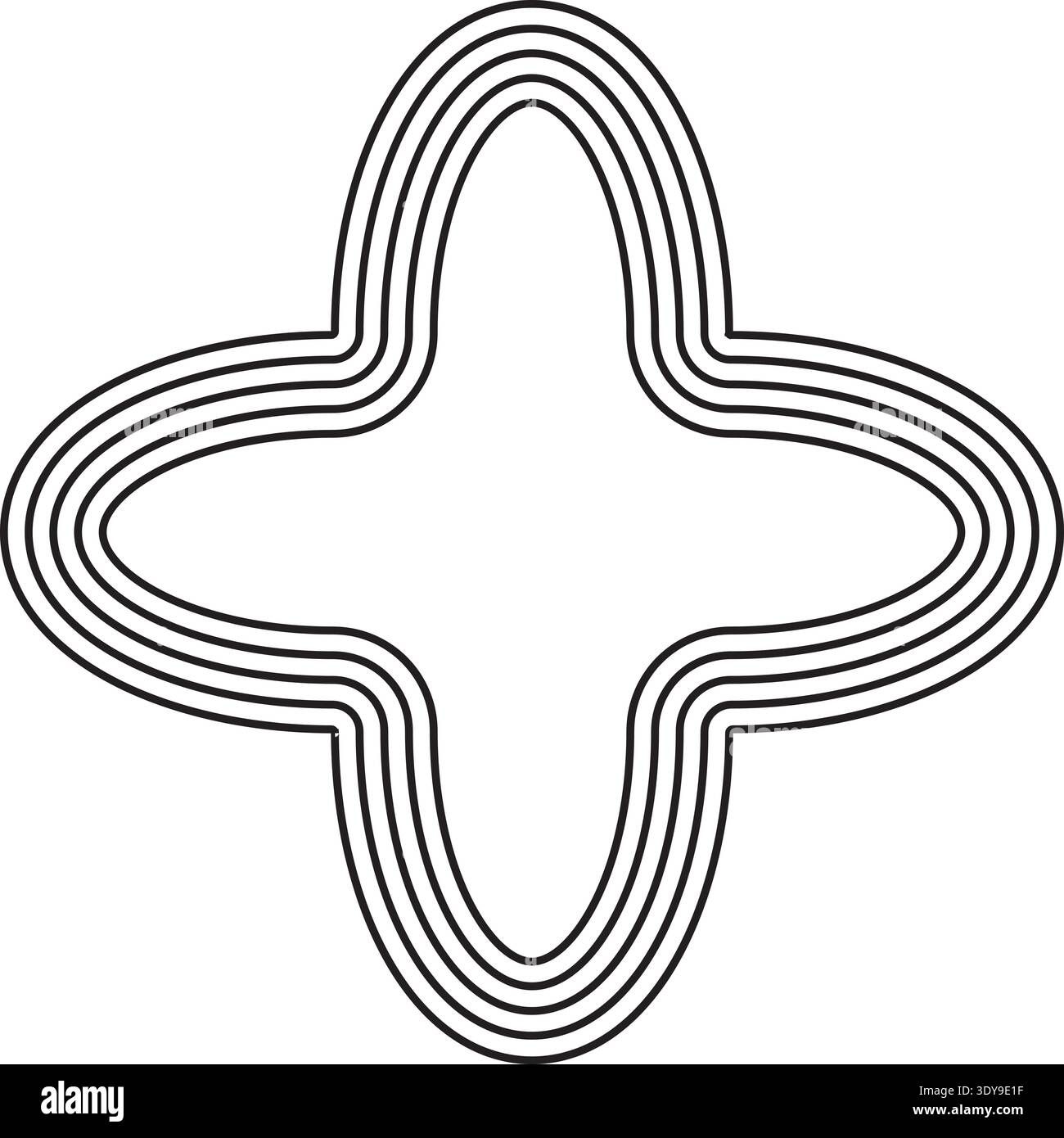 Four-point star with smooth curves at each point outlined by five concentric parallel lines. Stock Vector