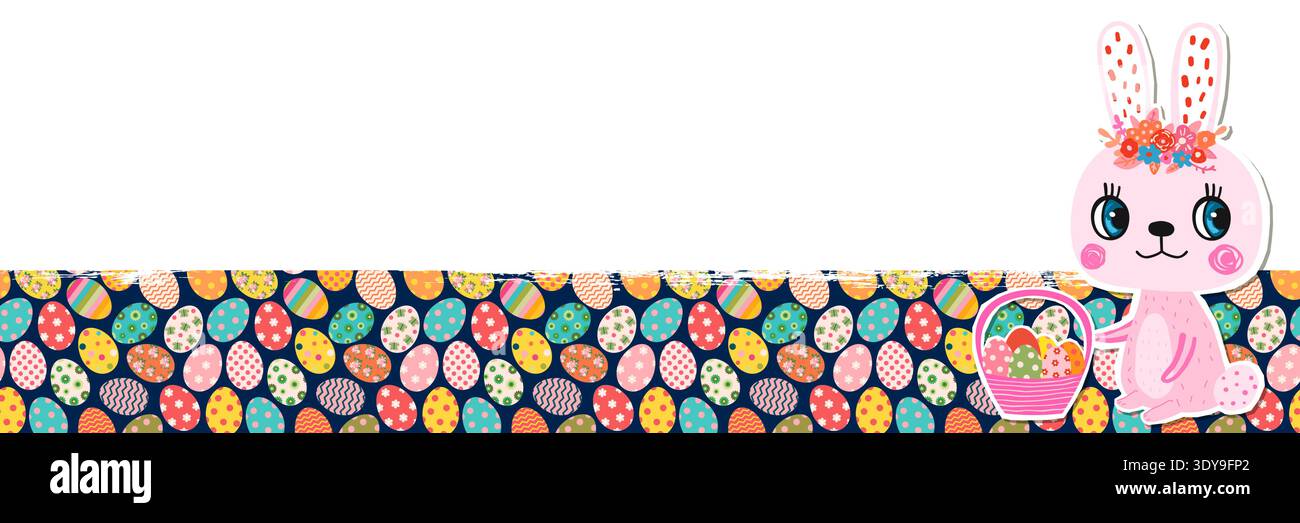Cute Easter bunny, basket and eggs horizontal vector banner in flat style Stock Vector