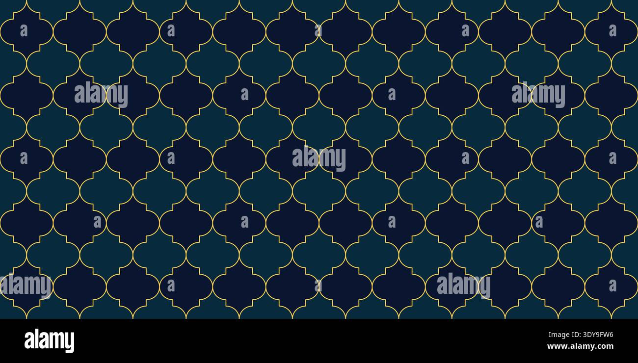 Dark Blue and Gold Luxury Quatrefoil Mosaic Tile Seamless Vector Pattern, Elegant Geometric Trellis Background Stock Vector