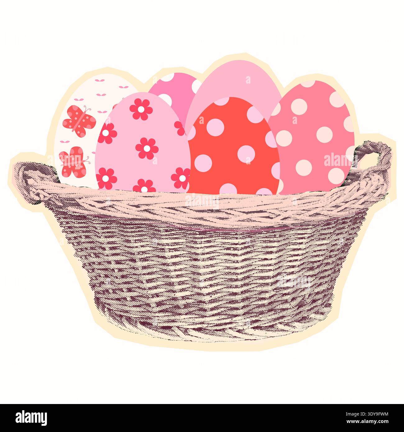 Halftone Easter basket with painted eggs, vector collage scrapbook graphic design element for Easter egg hunt designs Stock Vector
