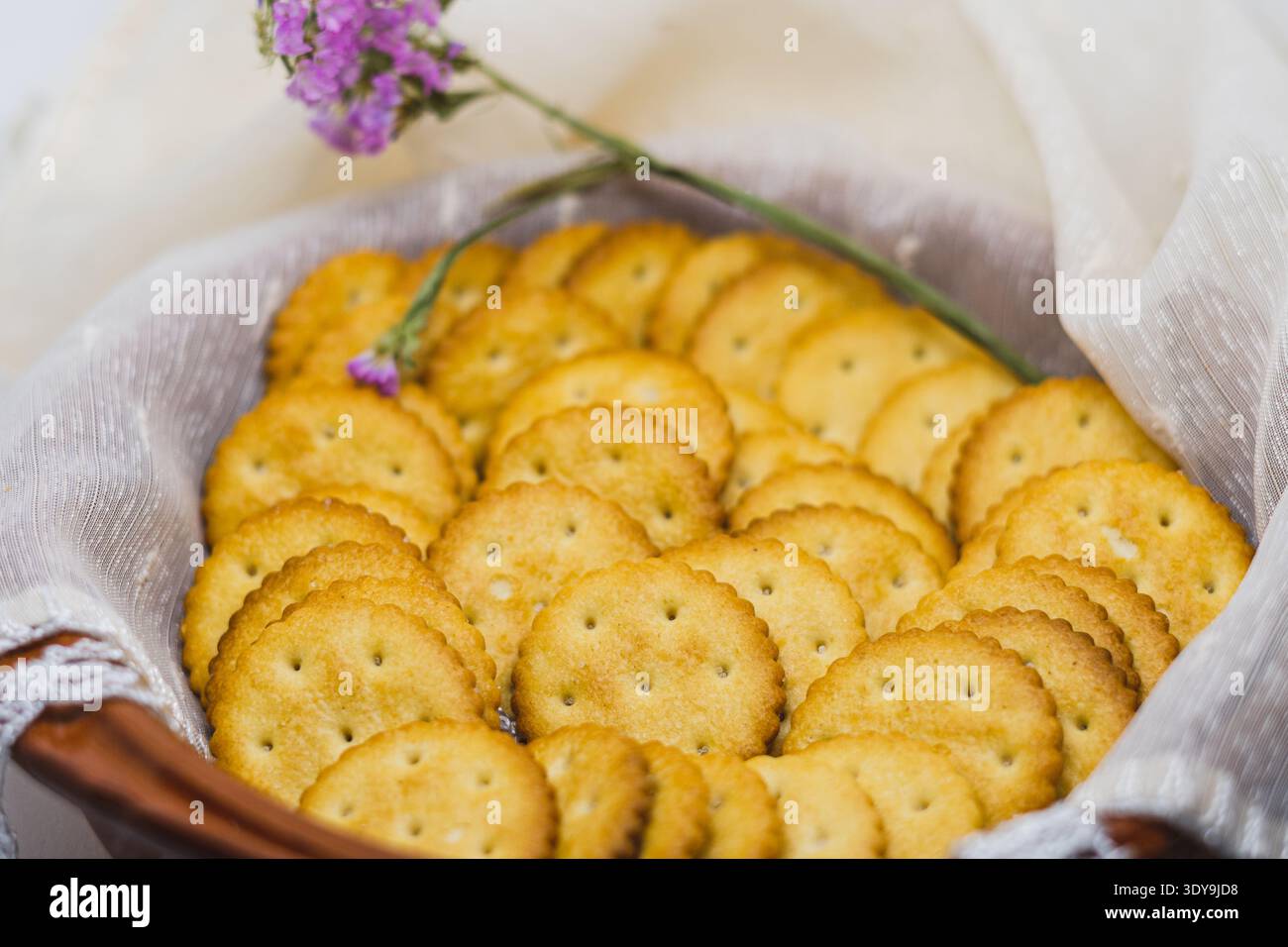 Bowl with crackers for appetizer, isolated on white background. Stock Photo