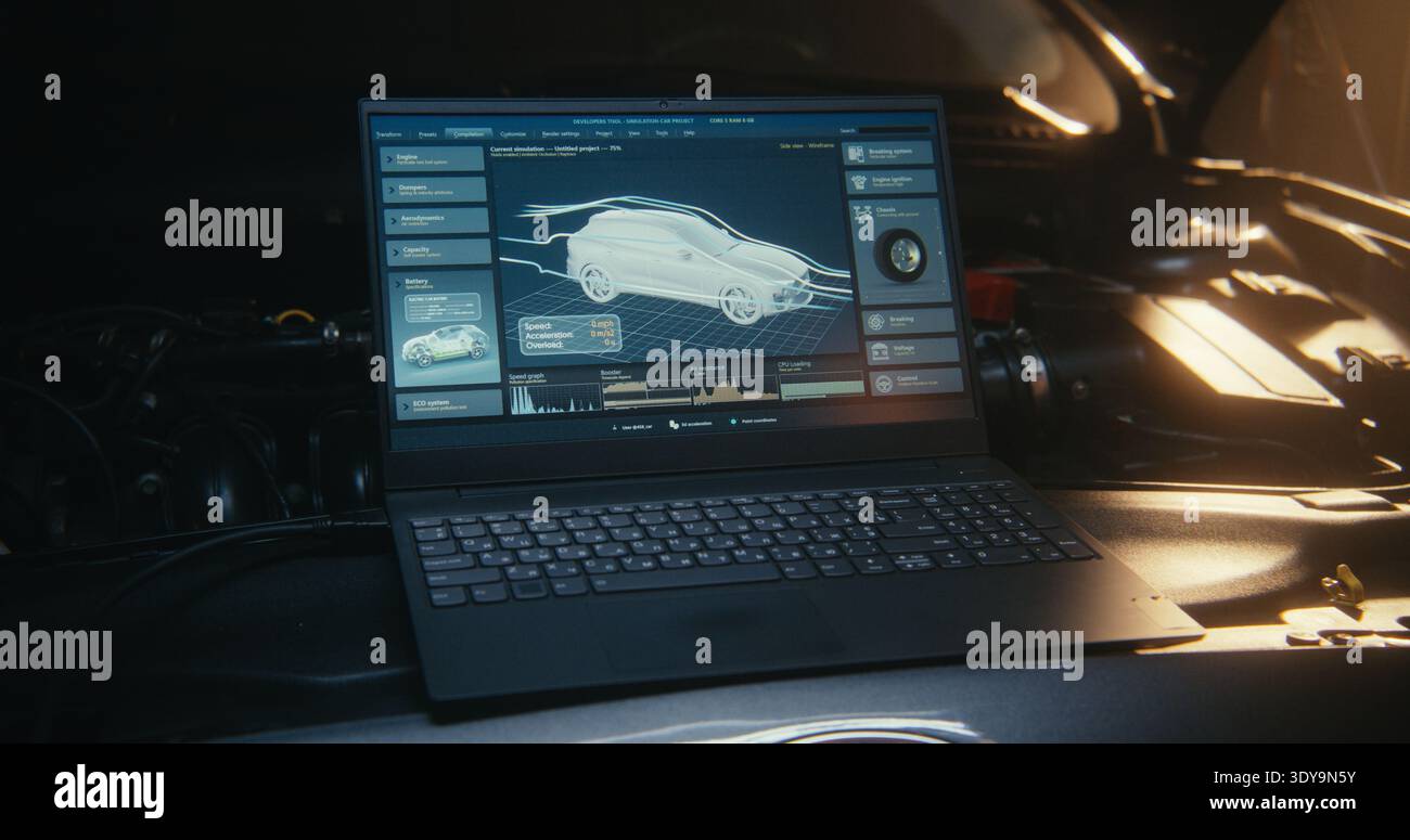 Laptop Screen, Positioned Inside Engine Bay, Displays Sophisticated 3D ...