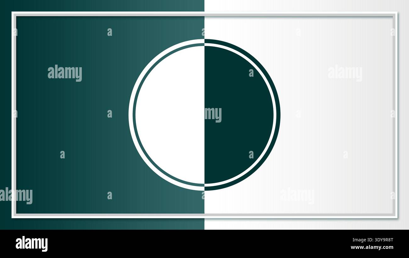A graphic design element featuring a divided circle on a rectangular background Stock Vector
