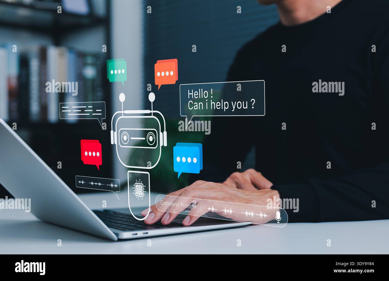 AI Chatbot Concept. Person using smartphone with virtual chat assistant, artificial intelligence technology, online customer support automation, Stock Photo