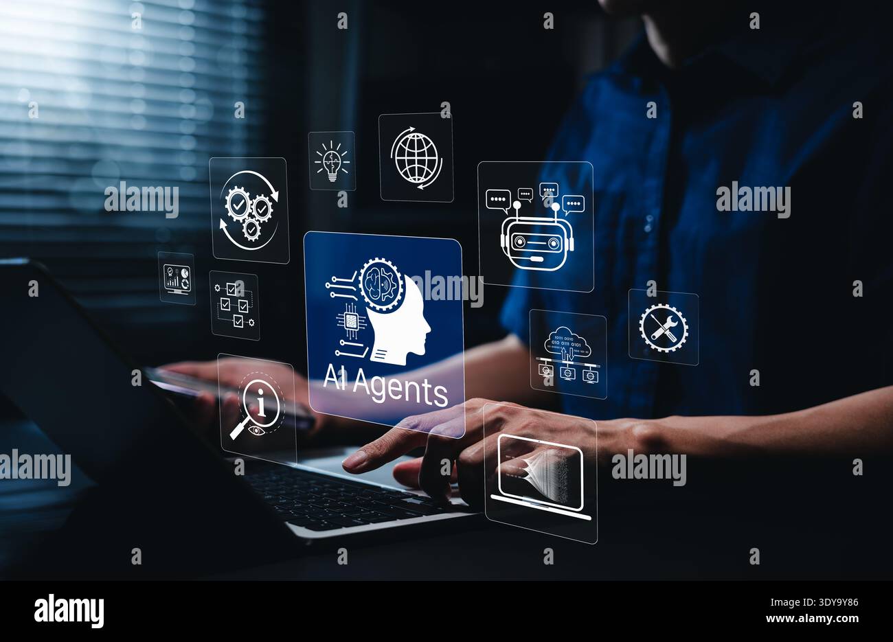 AI agents and intelligent automation concept. Developer using laptop with AI agents interface featuring chatbot, workflow automation, data processing, Stock Photo