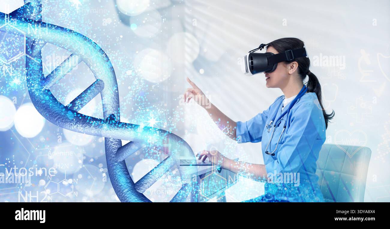 Scientist using VR headset, double exposure with virtual elements. Future technology in biochemistry Stock Photo
