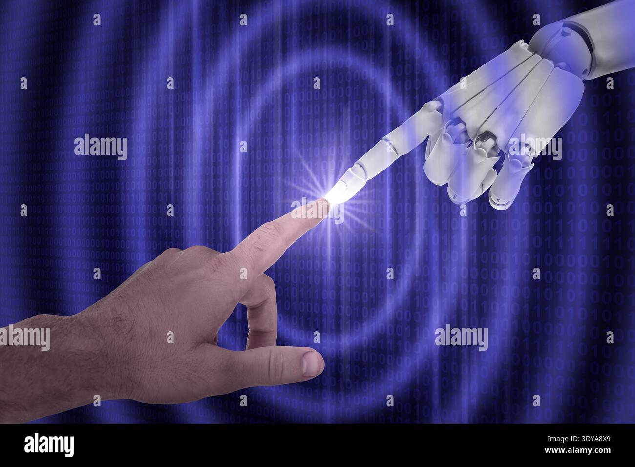 Artificial intelligence neural network, machine learning. Connection between human and robot hands through cyberspace Stock Photo