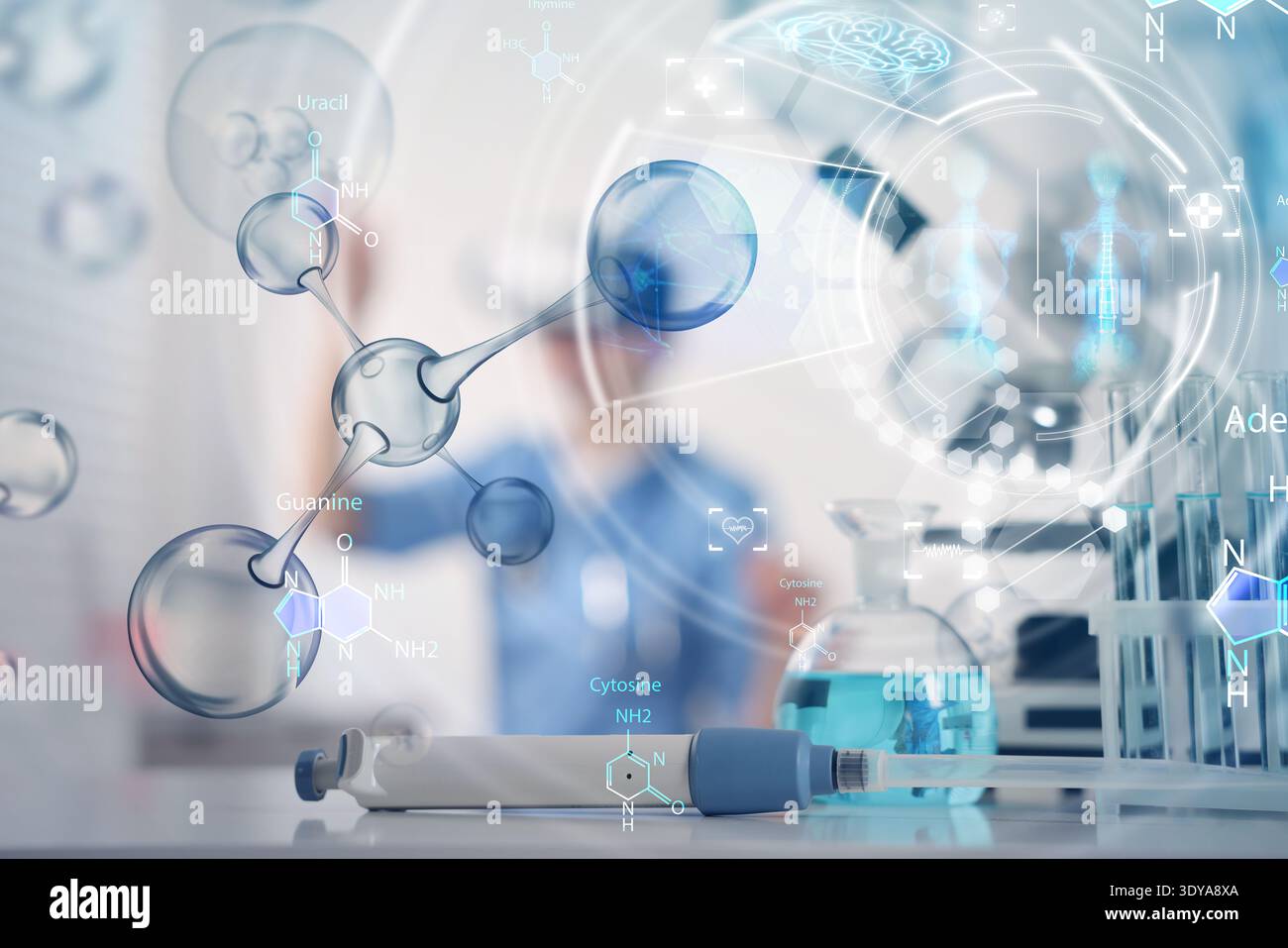Scientist using VR headset, double exposure with virtual elements. Future technology in biochemistry Stock Photo