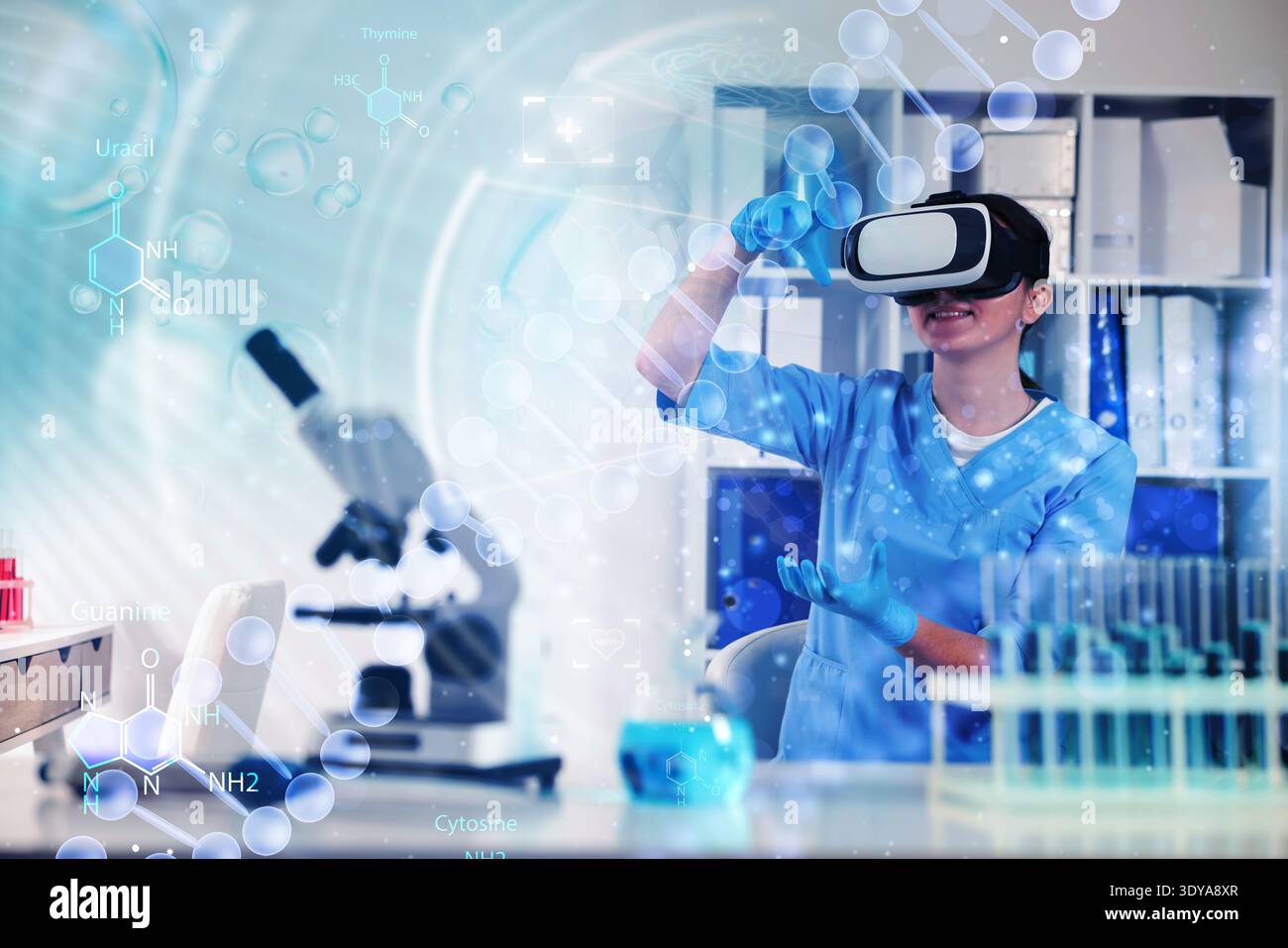 Scientist using VR headset, double exposure with virtual elements. Future technology in biochemistry Stock Photo