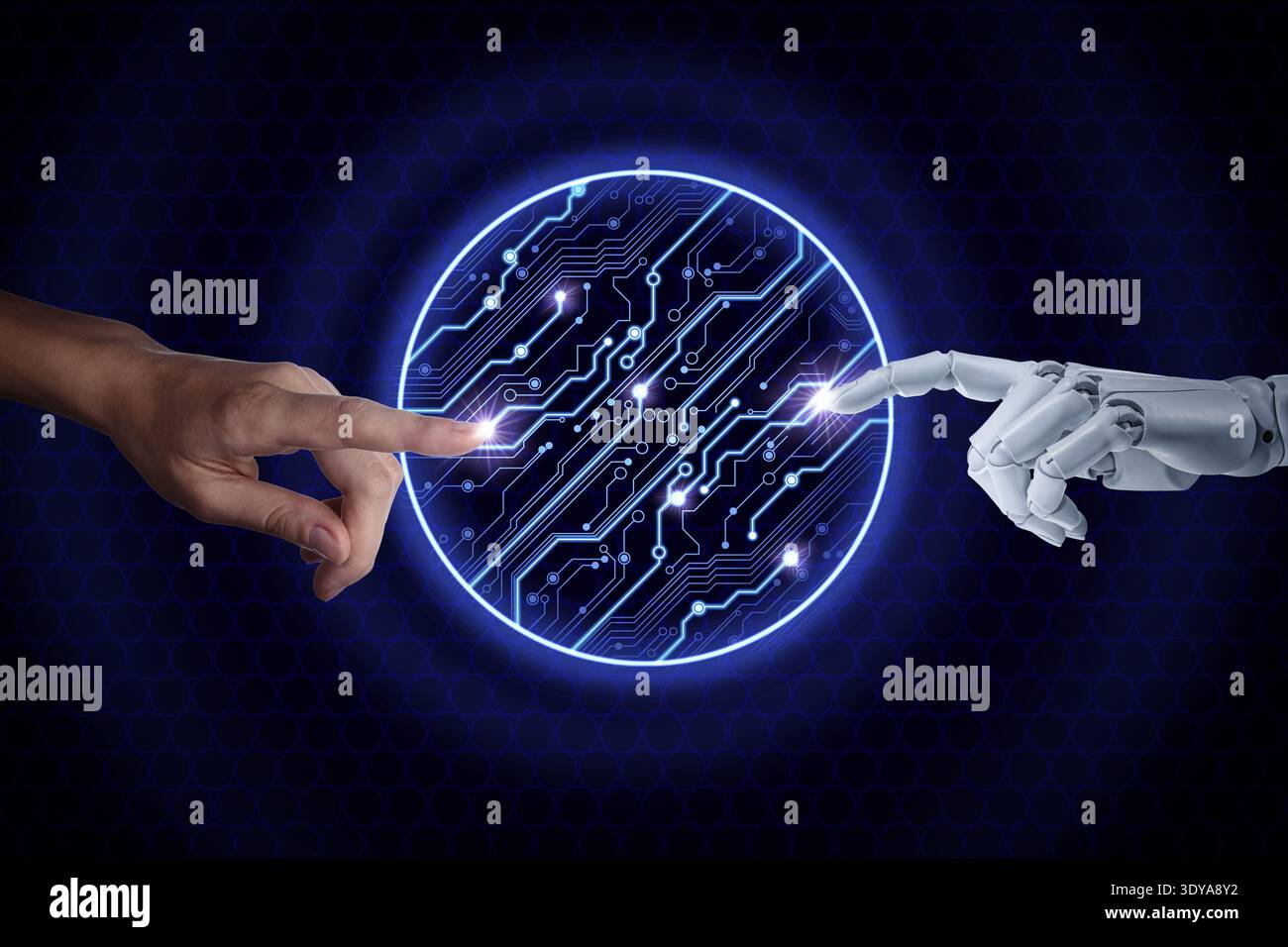 Artificial intelligence neural network, machine learning. Connection between human and robot hands in cyberspace against circuit board pattern Stock Photo