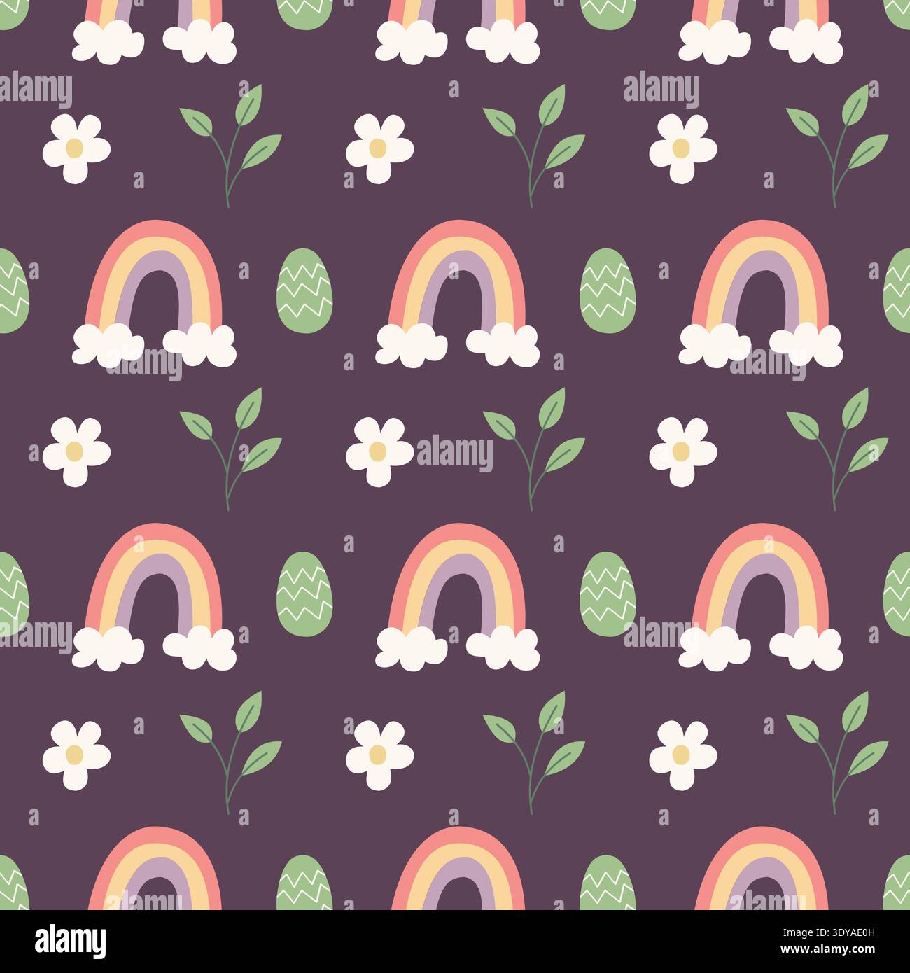 Rainbow easter seamless pattern vector. Cute flat rainbow, flower and decorated egg illustration. Spring holiday repeat background for fabric, textile Stock Vector