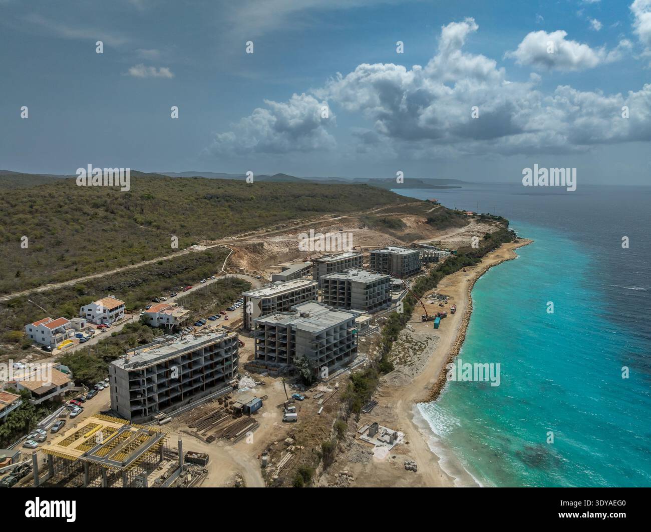 Aerial view of real estate development construction on the beach of Santa Martha Bay in Curacao Stock Photo