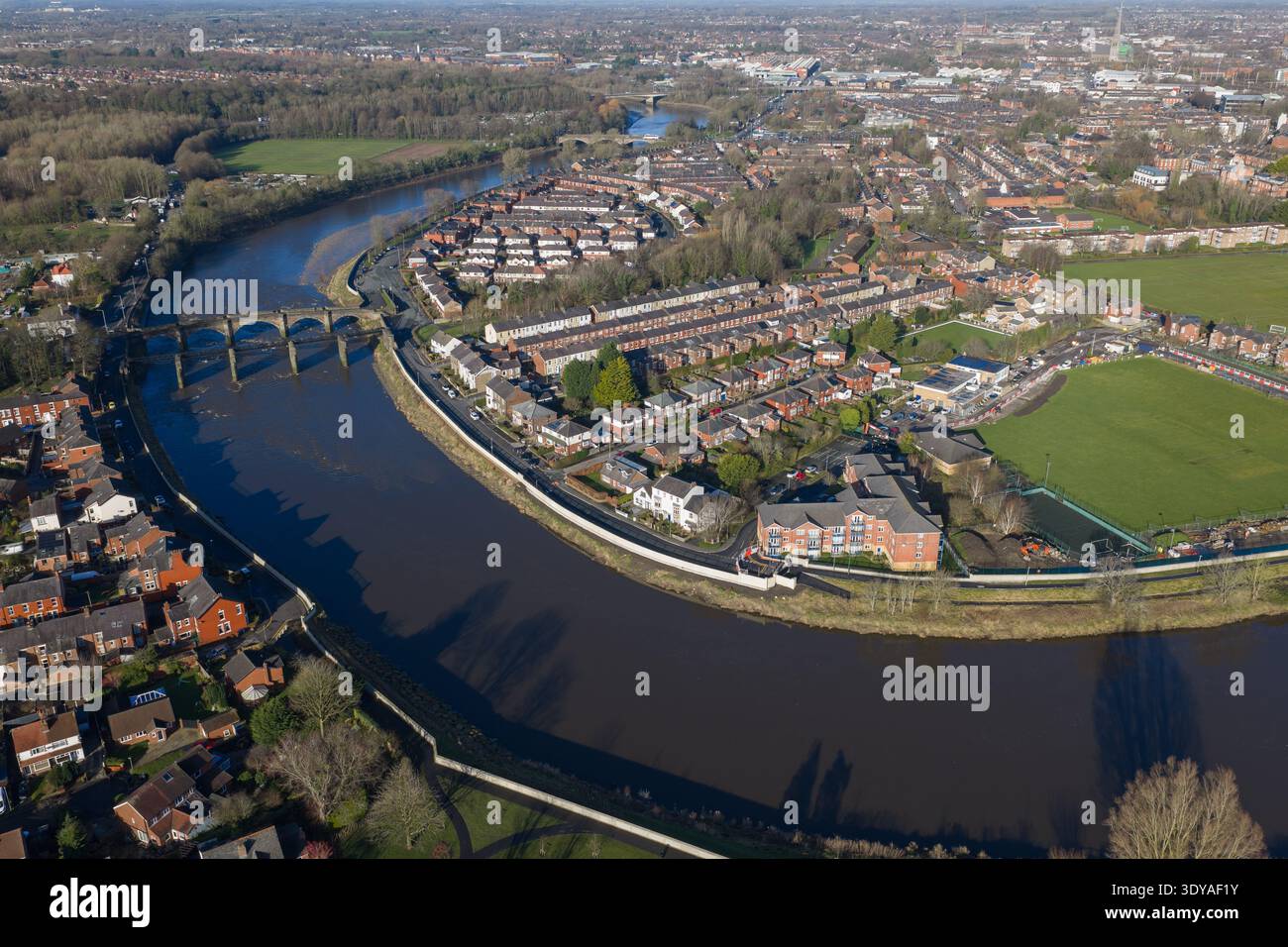 River Ribble Locations Aerial view of the River Ribble loop and historic bridges in Preston ...