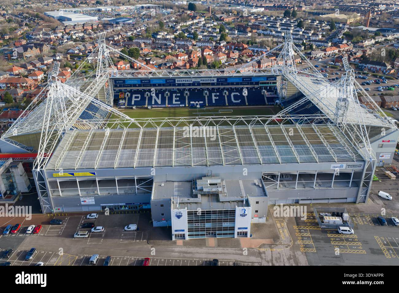 Aerial image of the Sir Tom Finney Stand and Deepdale Stadium architecture Stock Photo