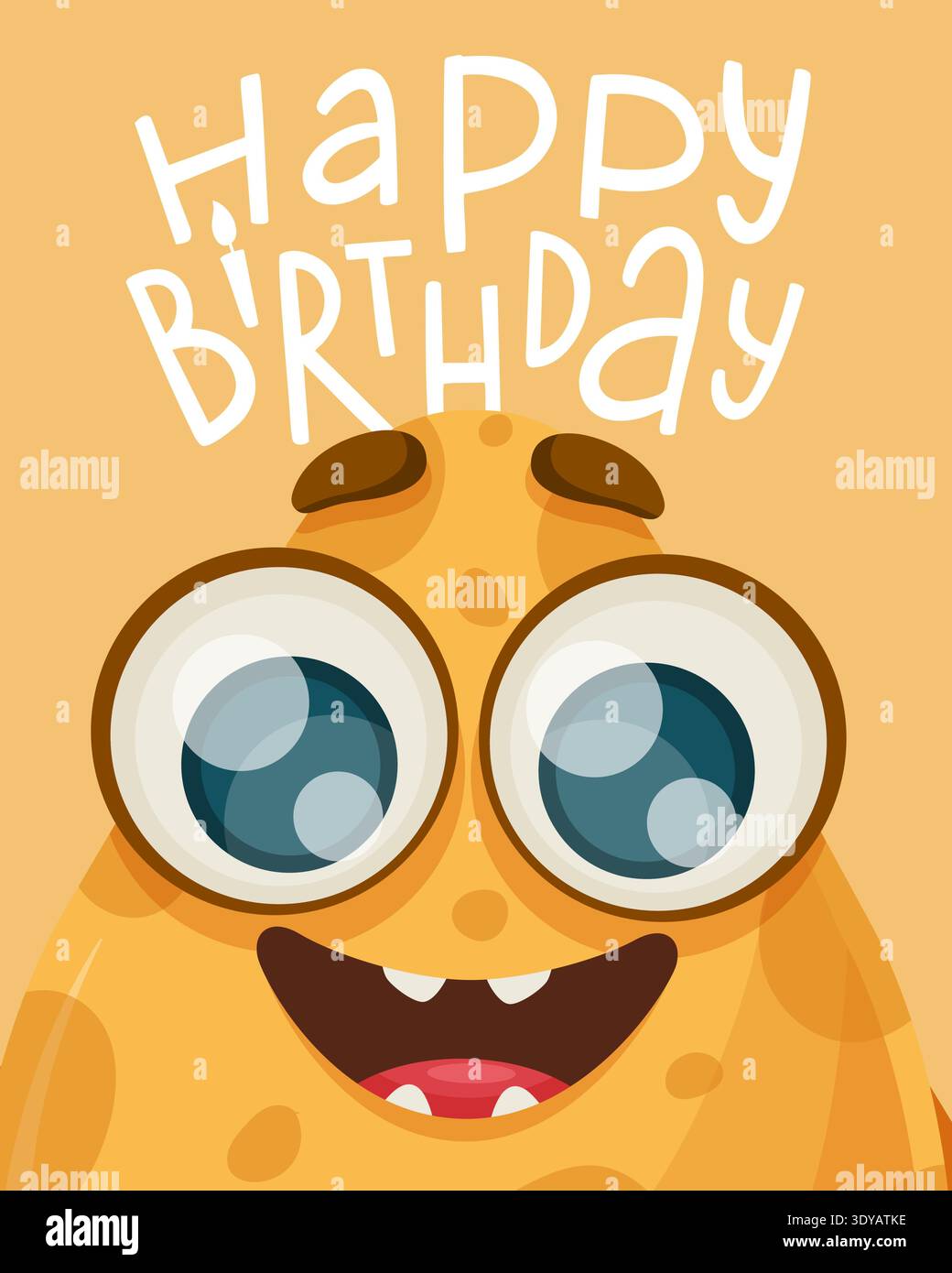 Happy Birthday. Greeting card with cute yellow monster. playful