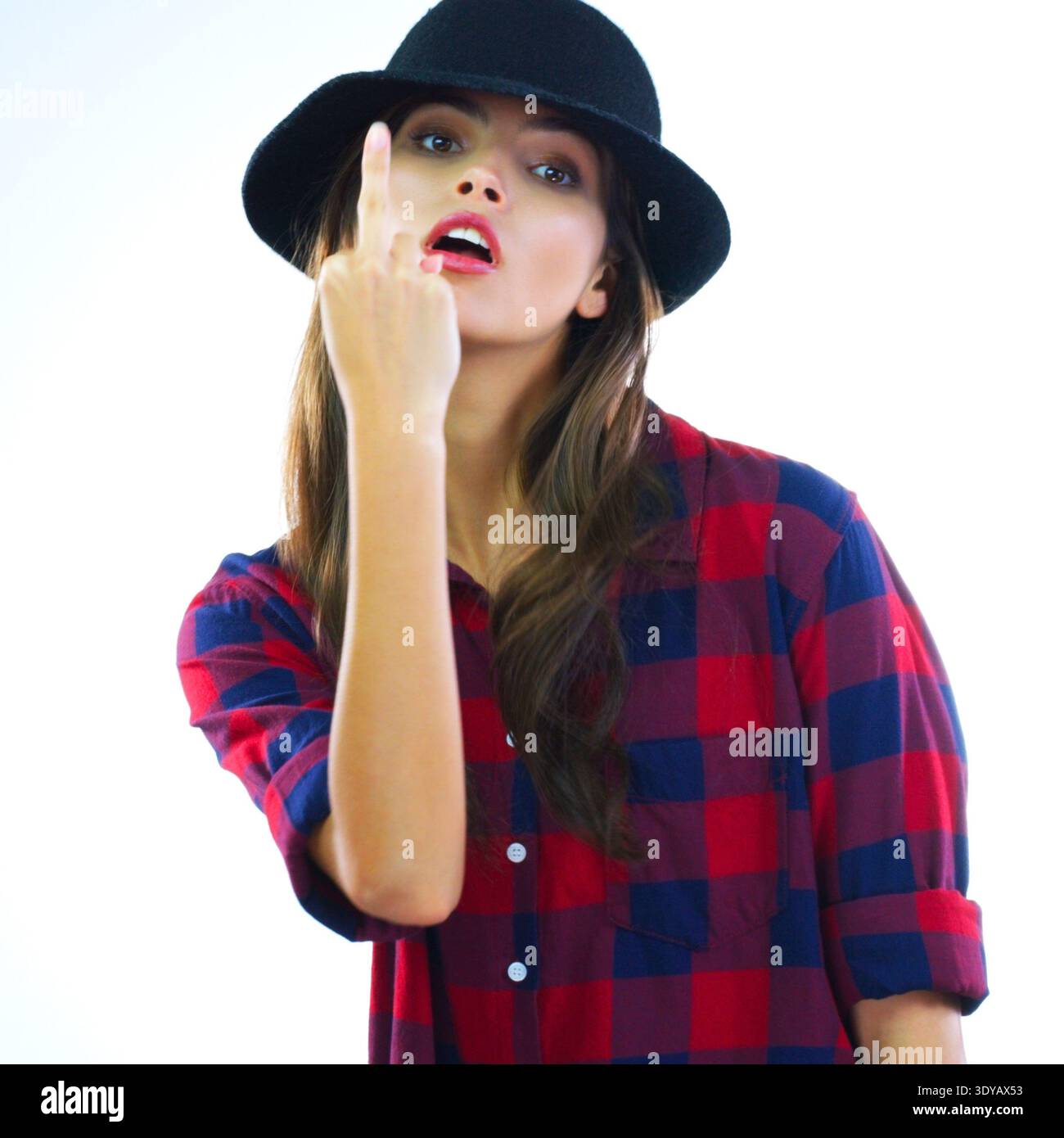 Simple Rude Middle Finger Portrait, girl and rude with middle finger in studio for bad attitude ...