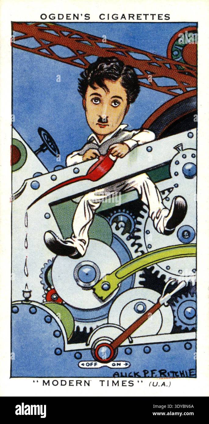 Ogden's Cigarette Card featuring CHARLIE CHAPLIN in MODERN TIMES 1936  Director CHARLES CHAPLIN Writer CHARLES CHAPLIN Music CHARLES CHAPLIN  Charles Chaplin Productions / United Artists Stock Photo