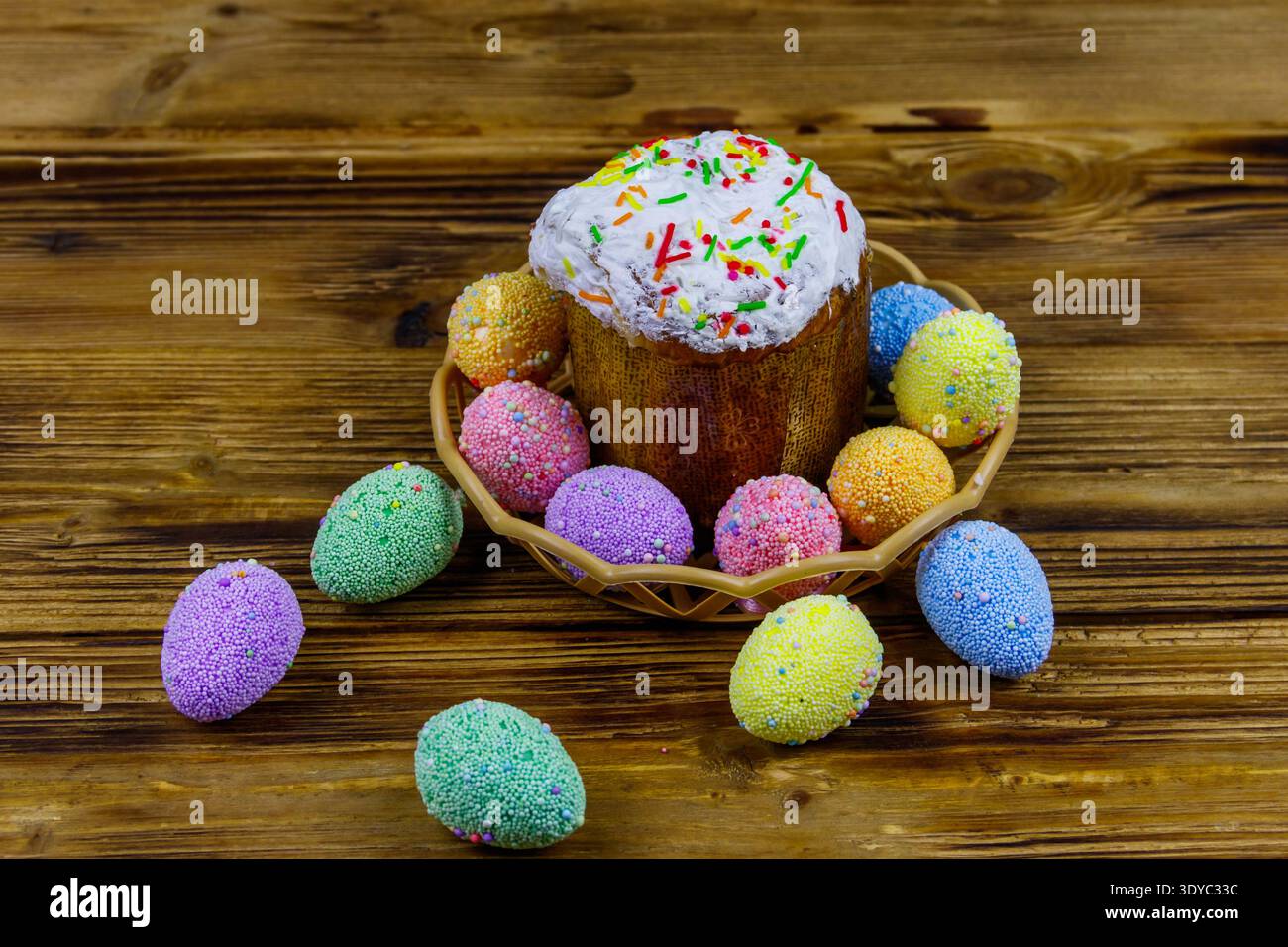 Easter cake and easter eggs on a wooden table Stock Photo