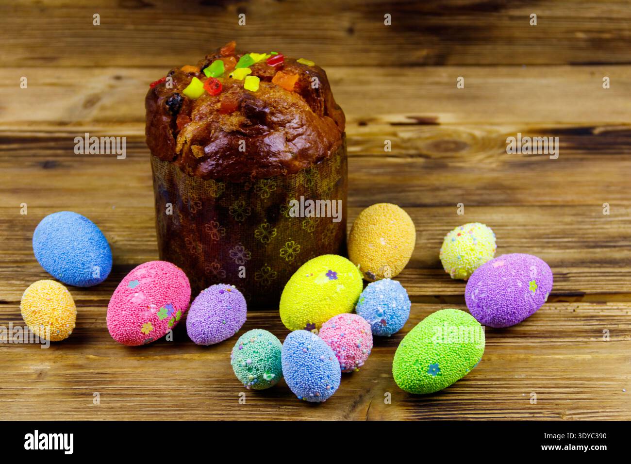 Easter cake and easter eggs on a wooden table Stock Photo