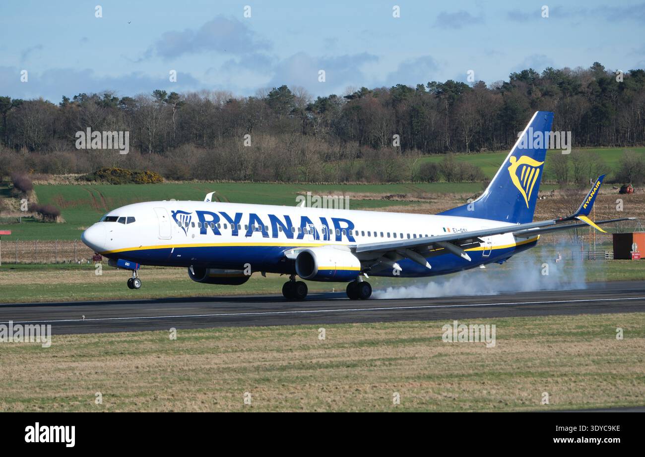 Ryanair Boeing 737 aircraft landing at Glasgow Prestwick Scotland UK in March 2026 Stock Photo
