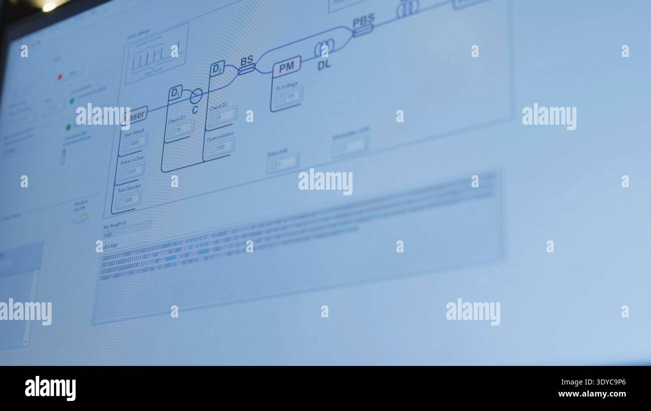 Quantum computing cryptography displaying binary code and optical diagram on screen Stock Photo