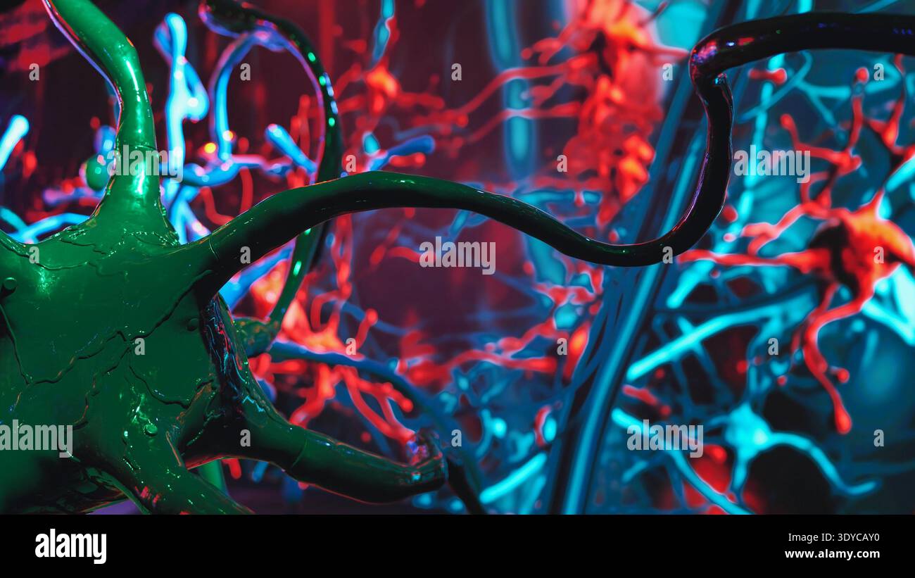 Neuron network communicating signals in abstract brain activity representation Stock Photo