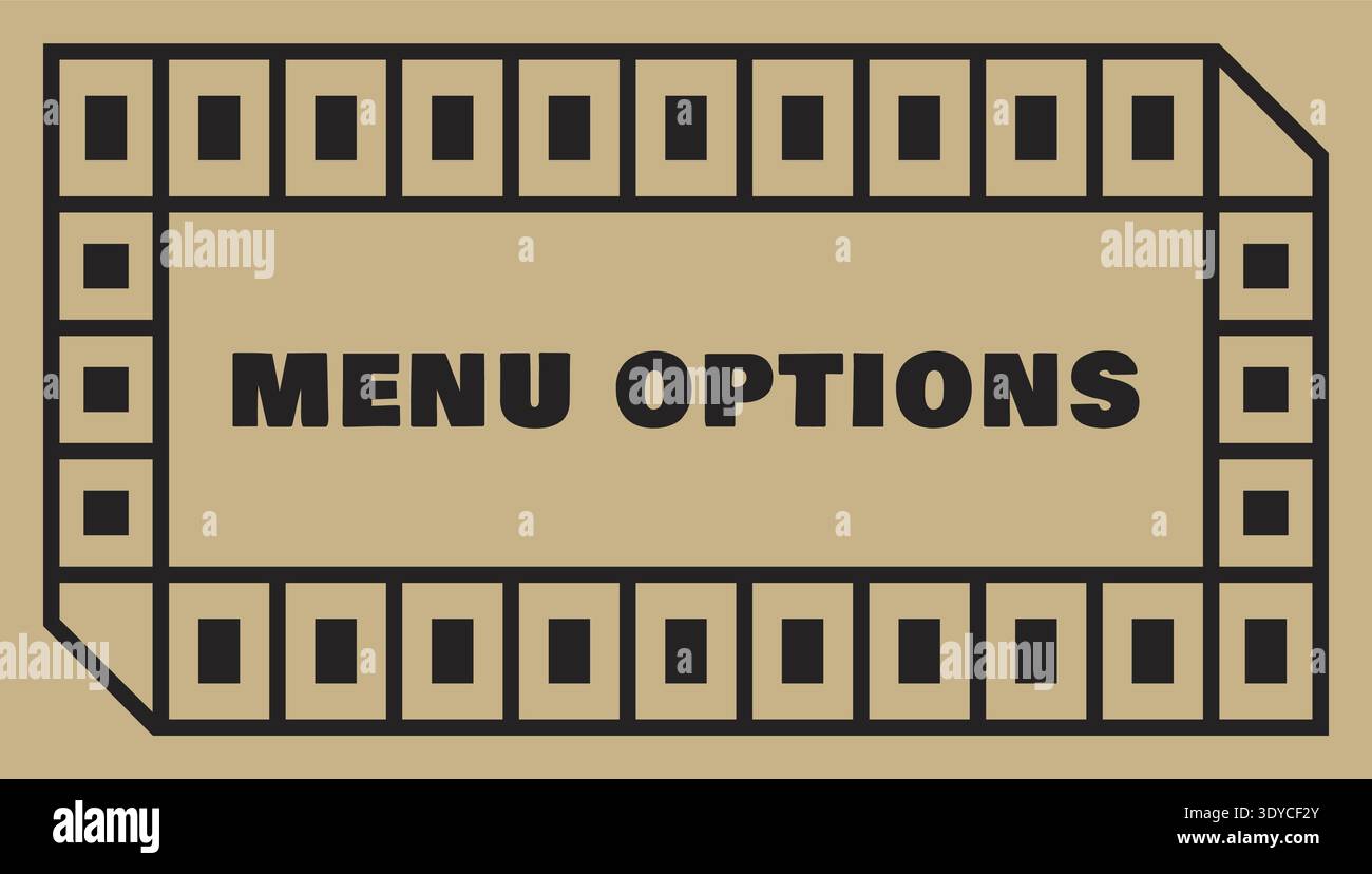 Filmstrip style label with menu options text centered inside a perforated frame Stock Vector
