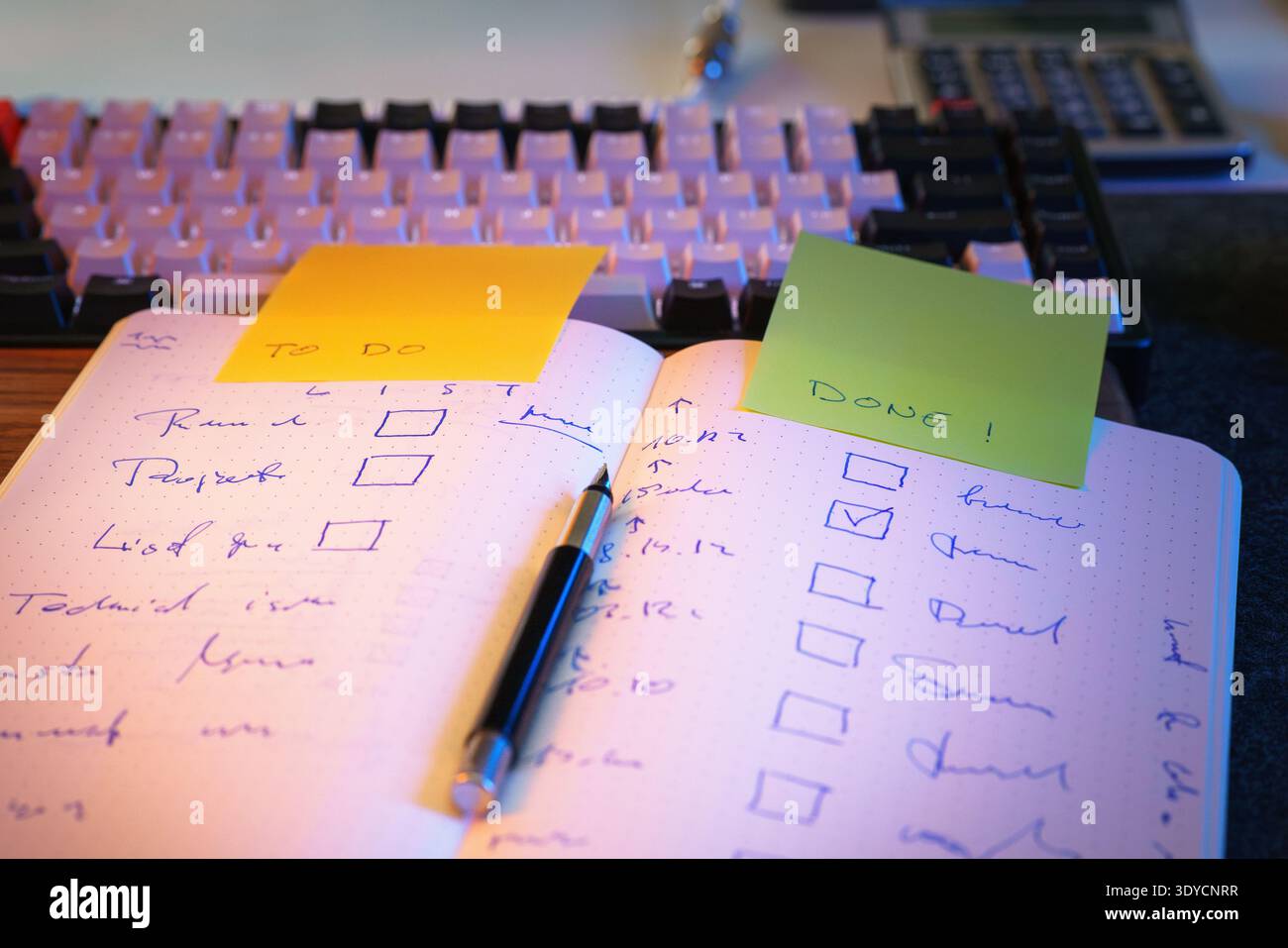 To do list notebook checklist task progress planning. Handwritten task list productivity workflow organization sticky notes planning routine efficienc Stock Photo