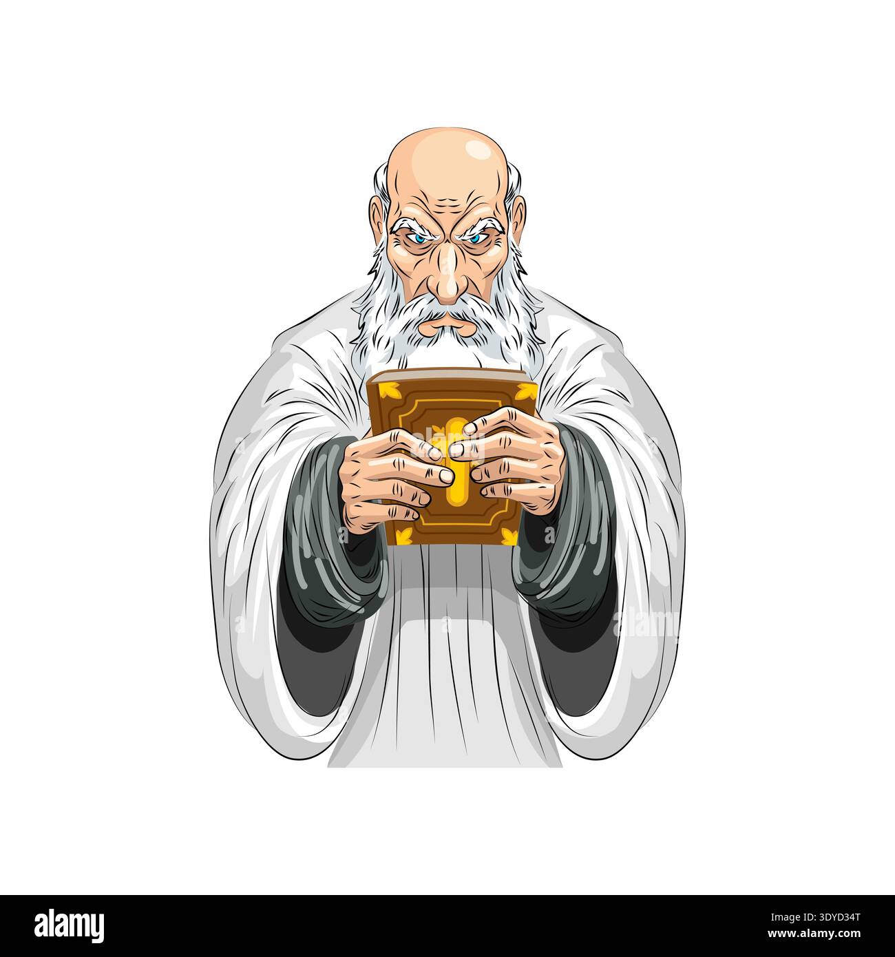 God as an old wise man with a white beard holding a golden Bible. Religious and spiritual concept Stock Vector