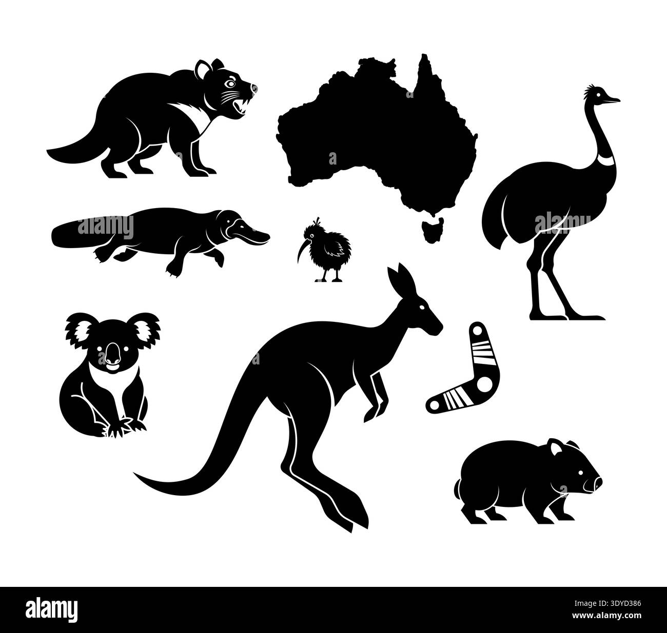 Australian animals set: kangaroo, koala, emu, wombat and others with a ...