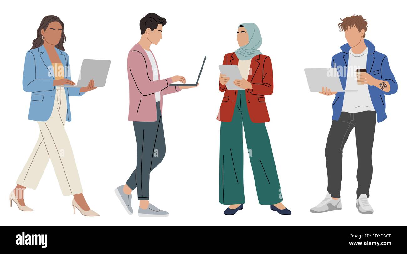 Set of diverse professionals using laptops, tablet Stock Vector
